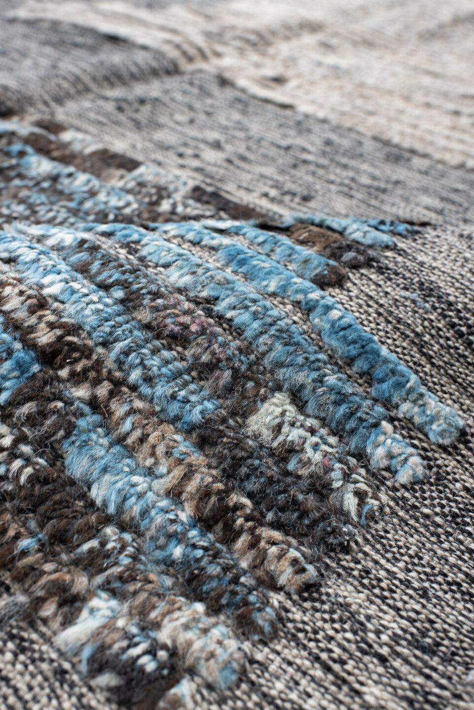 11' x 12' one-of-a-kind handmade vintage Tulu oversize rug. Color palette: gray, ivory, charcoal, sky blue, cream, taupe