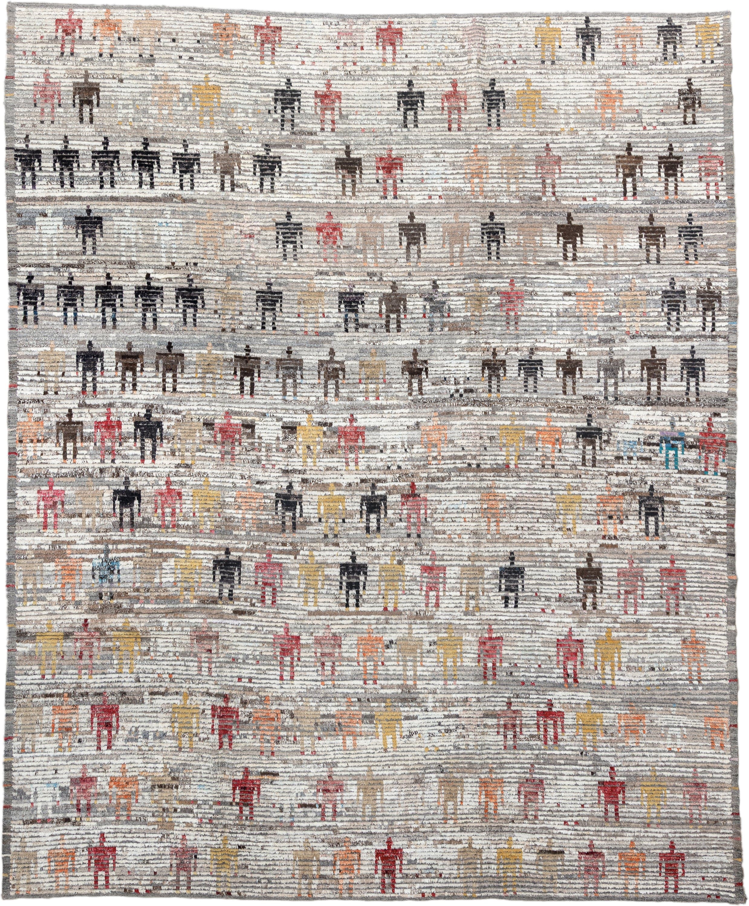 9' x 11' one-of-a-kind handmade vintage Tulu large size rug. Color palette: ivory, gray, charcoal, taupe, rust, gold, brown