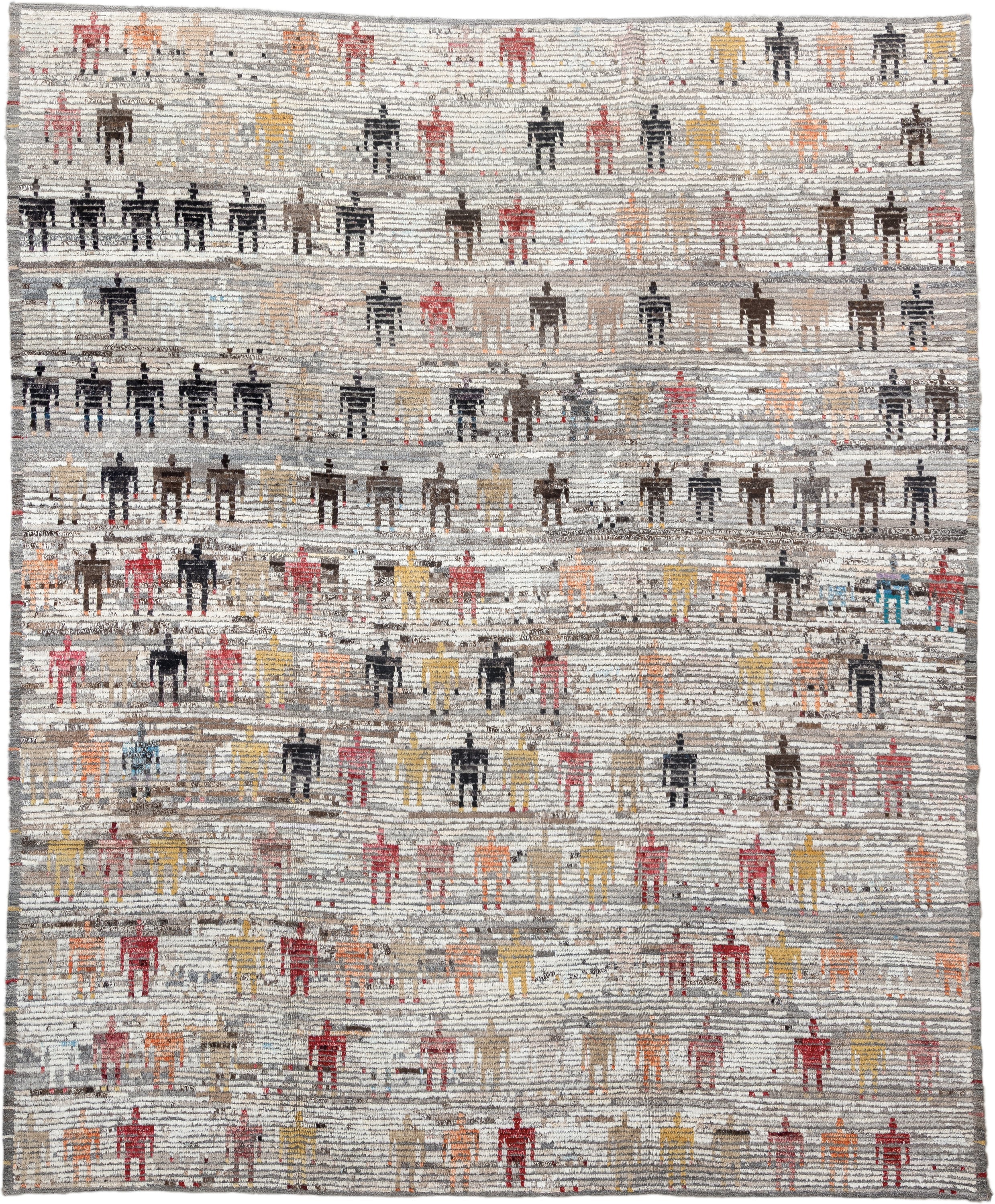9' x 11' one-of-a-kind handmade vintage Tulu large size rug. Color palette: ivory, gray, charcoal, taupe, rust, gold, brown