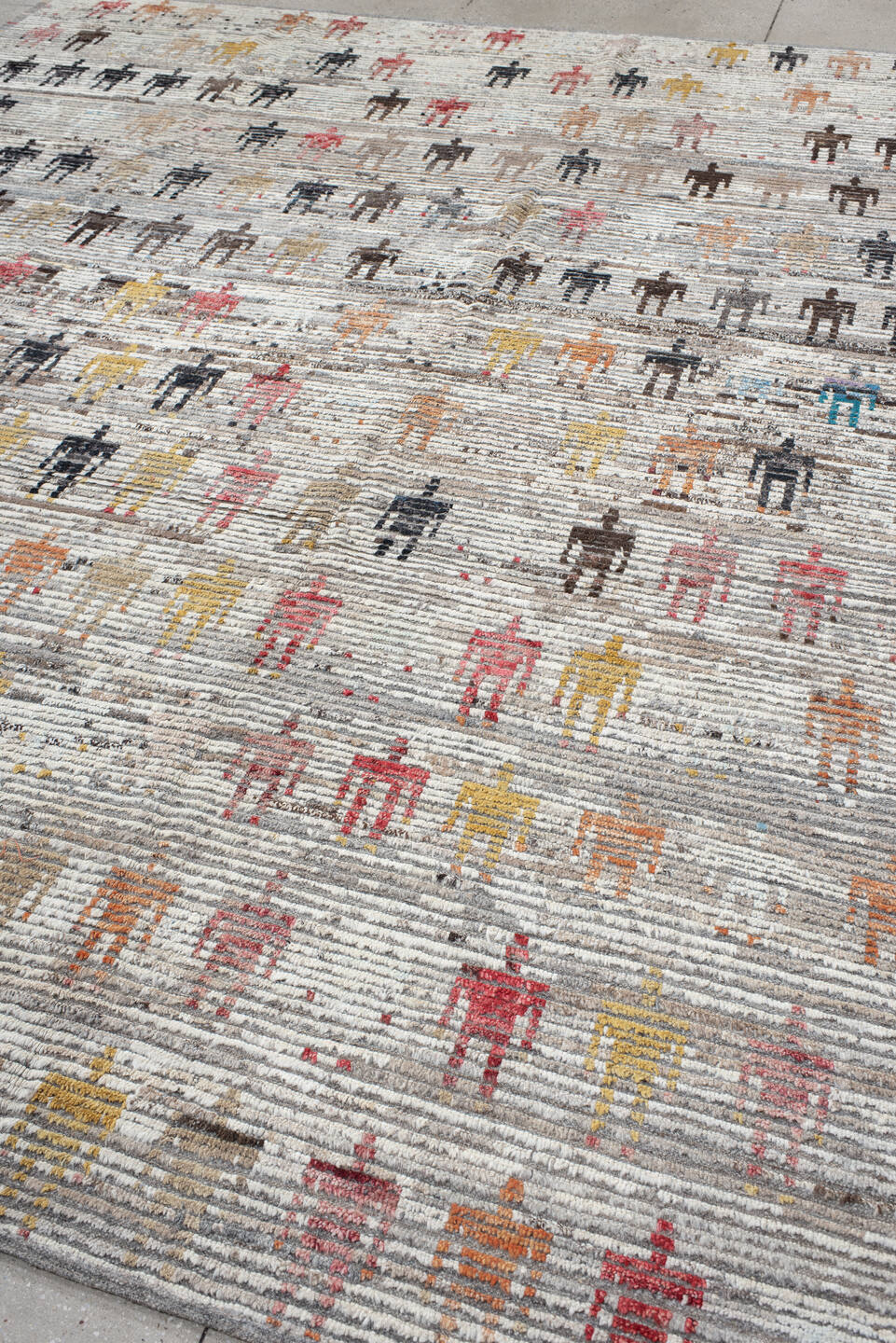 9' x 11' one-of-a-kind handmade vintage Tulu large size rug. Color palette: ivory, gray, charcoal, taupe, rust, gold, brown