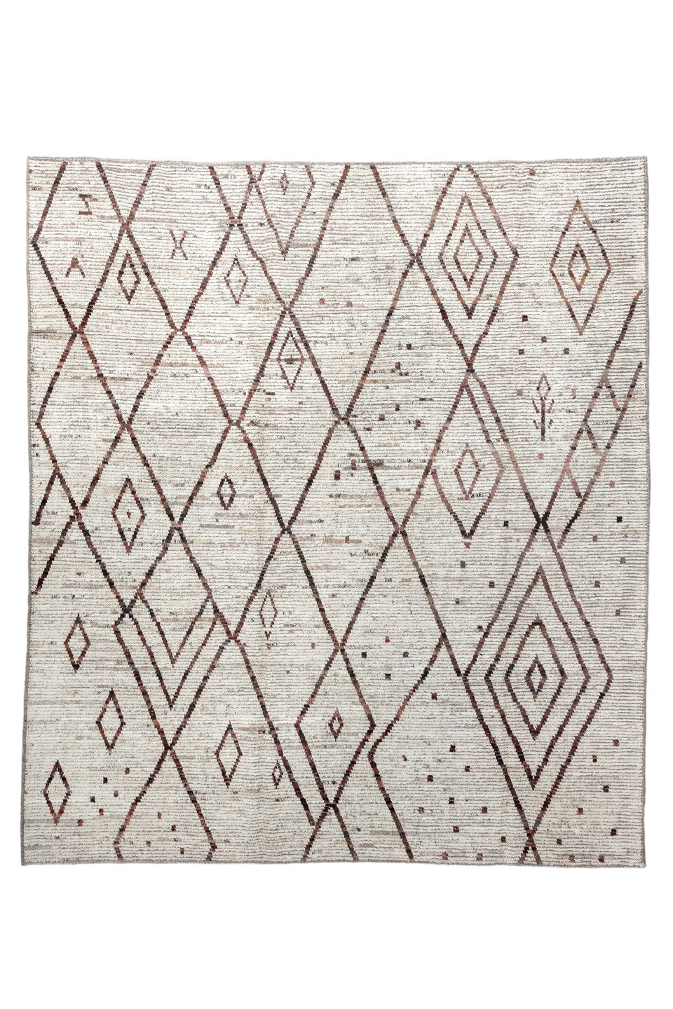 8' x 9' one-of-a-kind handmade vintage Tulu rug. Color palette: black, brown, dim gray, gainsboro, gray, light gray, linen
