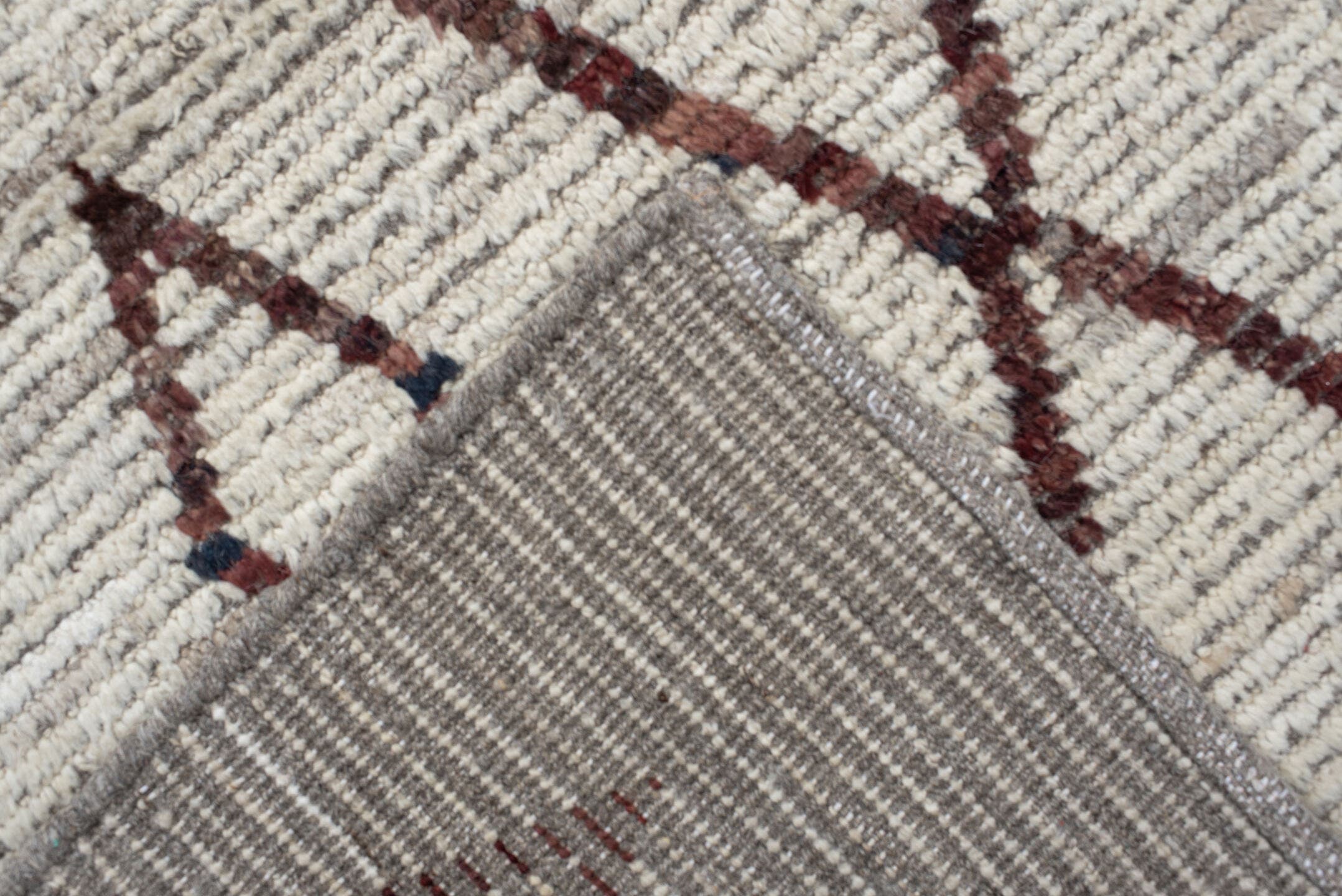 8' x 9' one-of-a-kind handmade vintage Tulu rug. Color palette: ivory, brown, taupe, charcoal, rose, beige, gray, black