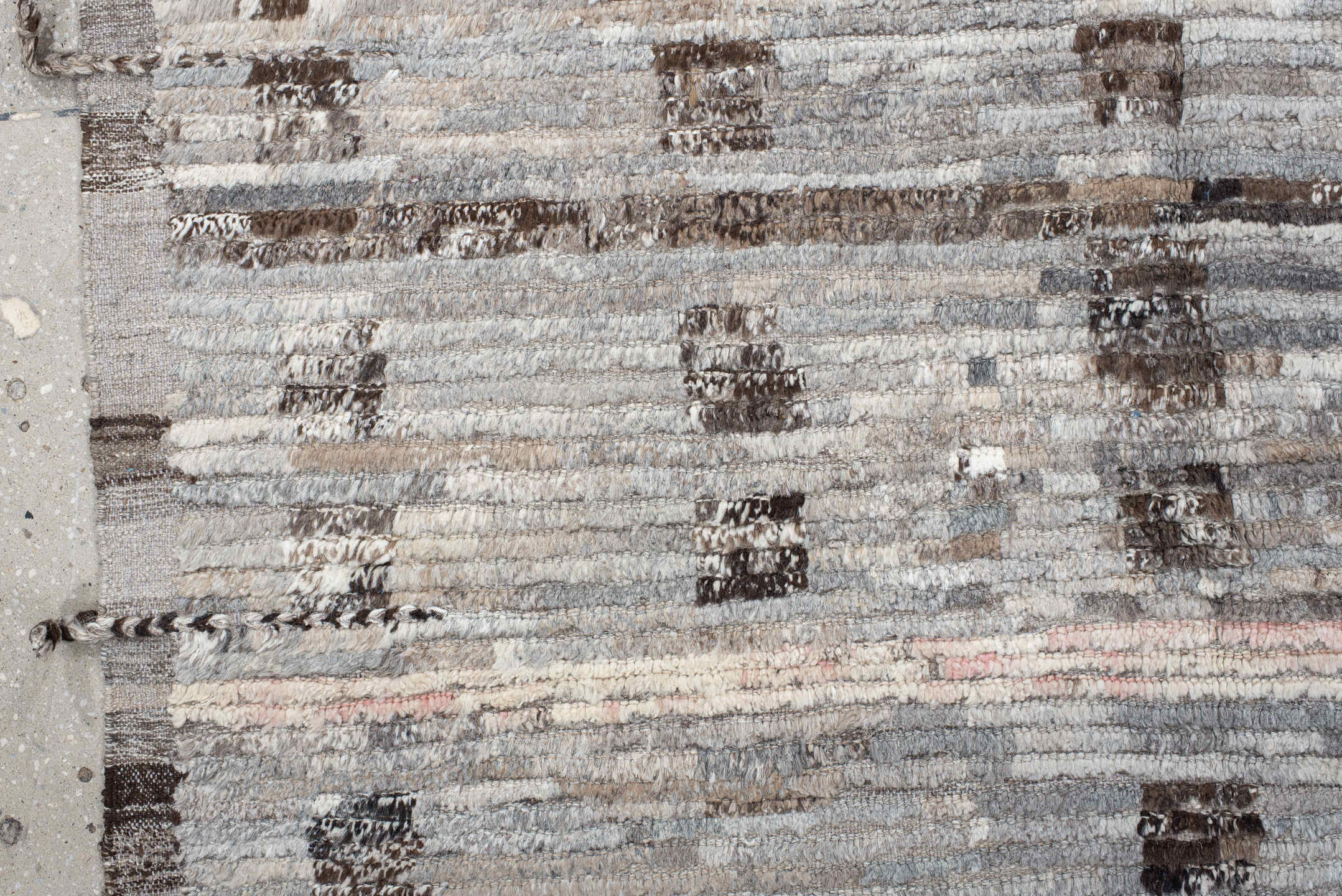 8' x 12' one-of-a-kind handmade vintage Tulu large size rug. Color palette: ivory, taupe, gray, charcoal, brown, cream, rose