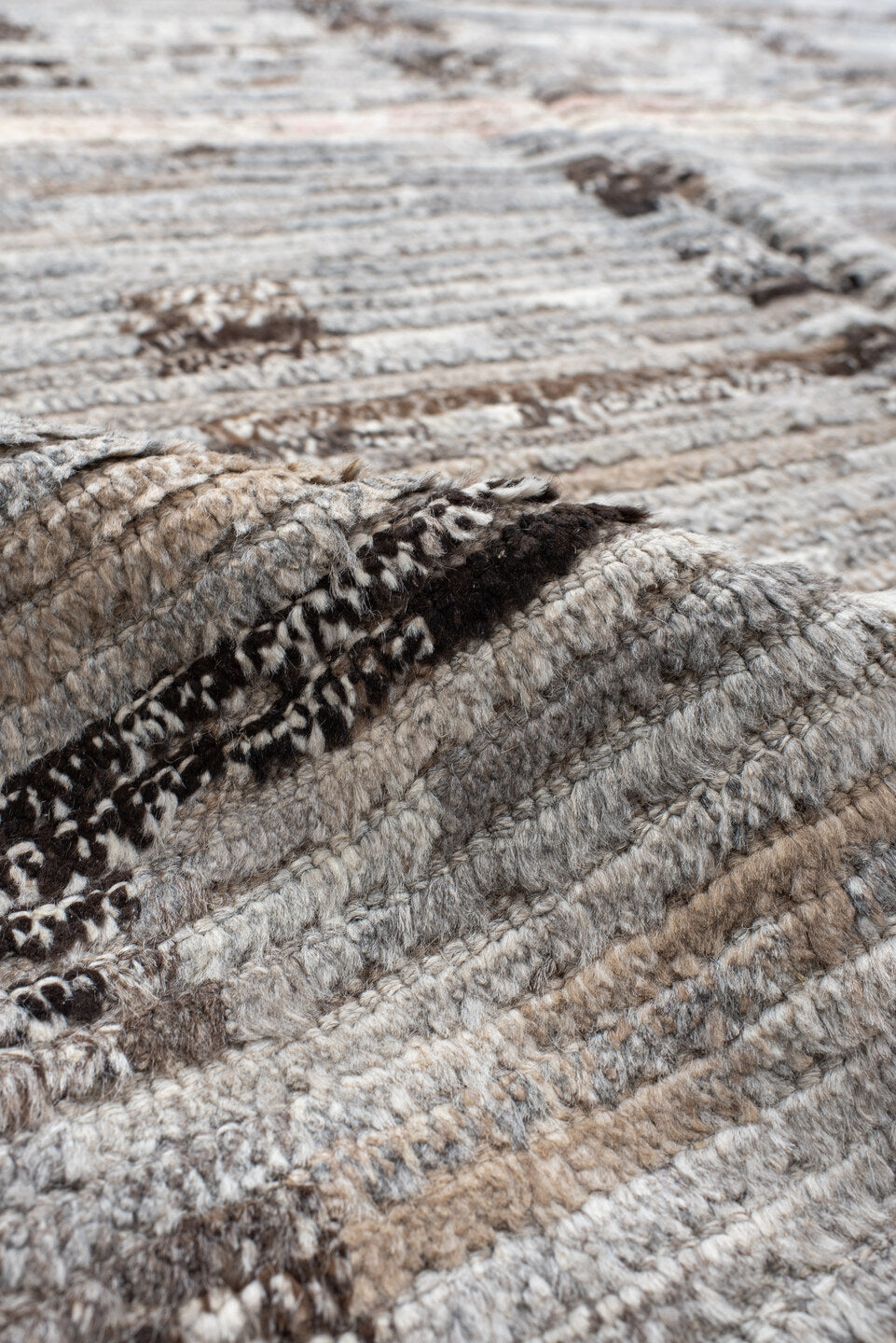 8' x 12' one-of-a-kind handmade vintage Tulu large size rug. Color palette: ivory, taupe, gray, charcoal, brown, cream, rose
