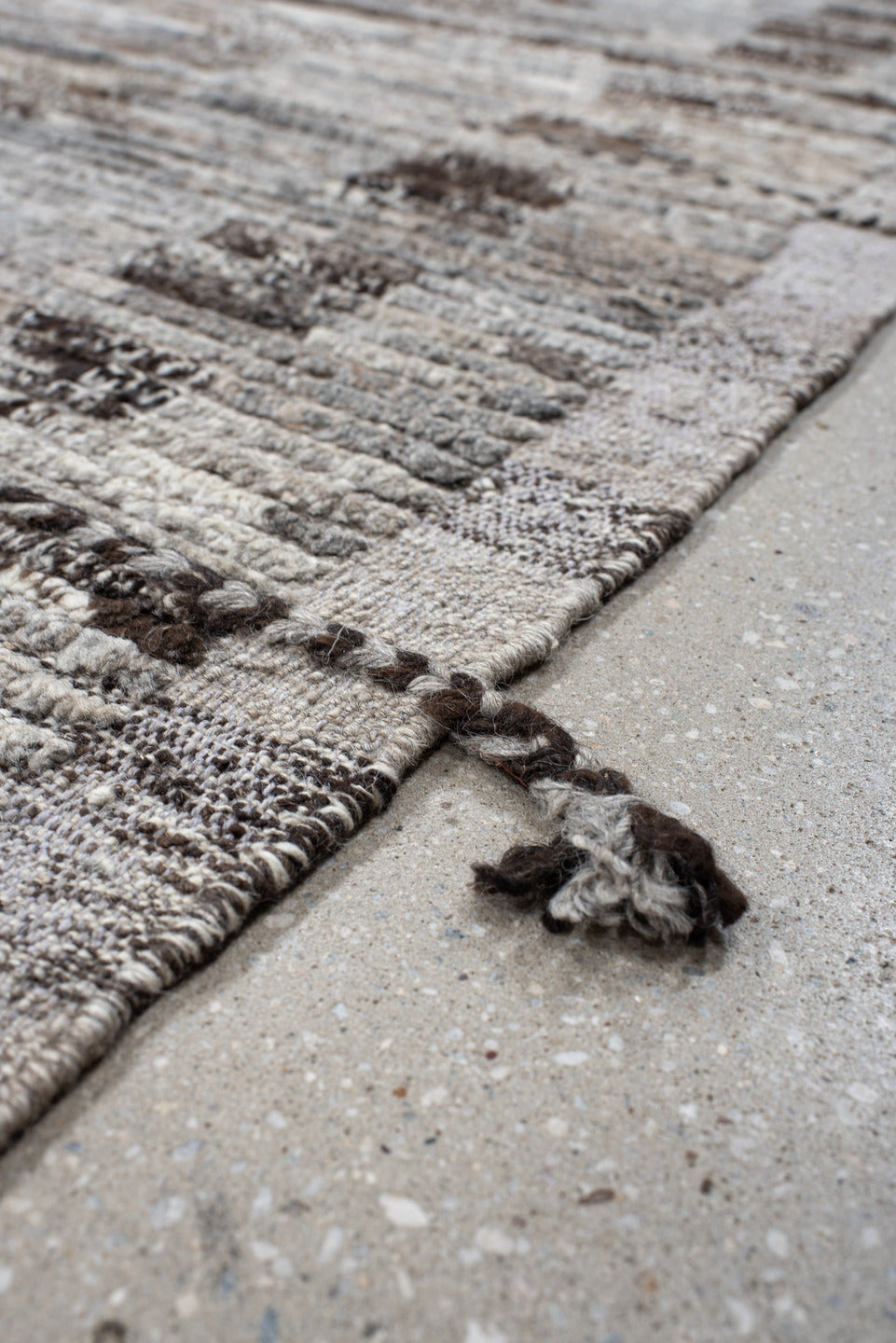 8' x 12' one-of-a-kind handmade vintage Tulu large size rug. Color palette: ivory, taupe, gray, charcoal, brown, cream, rose