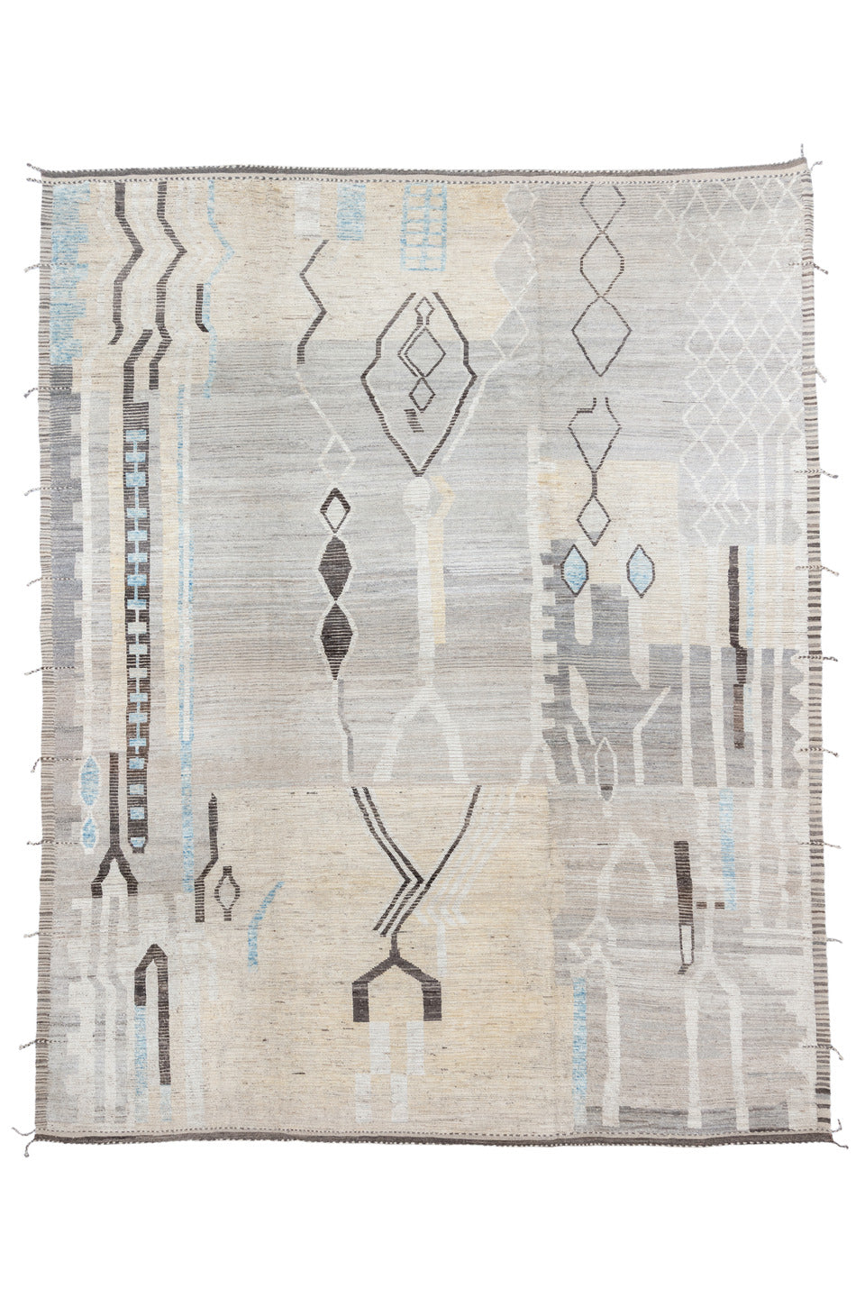 12' x 15' one-of-a-kind handmade vintage Tulu oversize rug. Color palette: dark gray, dim gray, gainsboro, gray, light blue