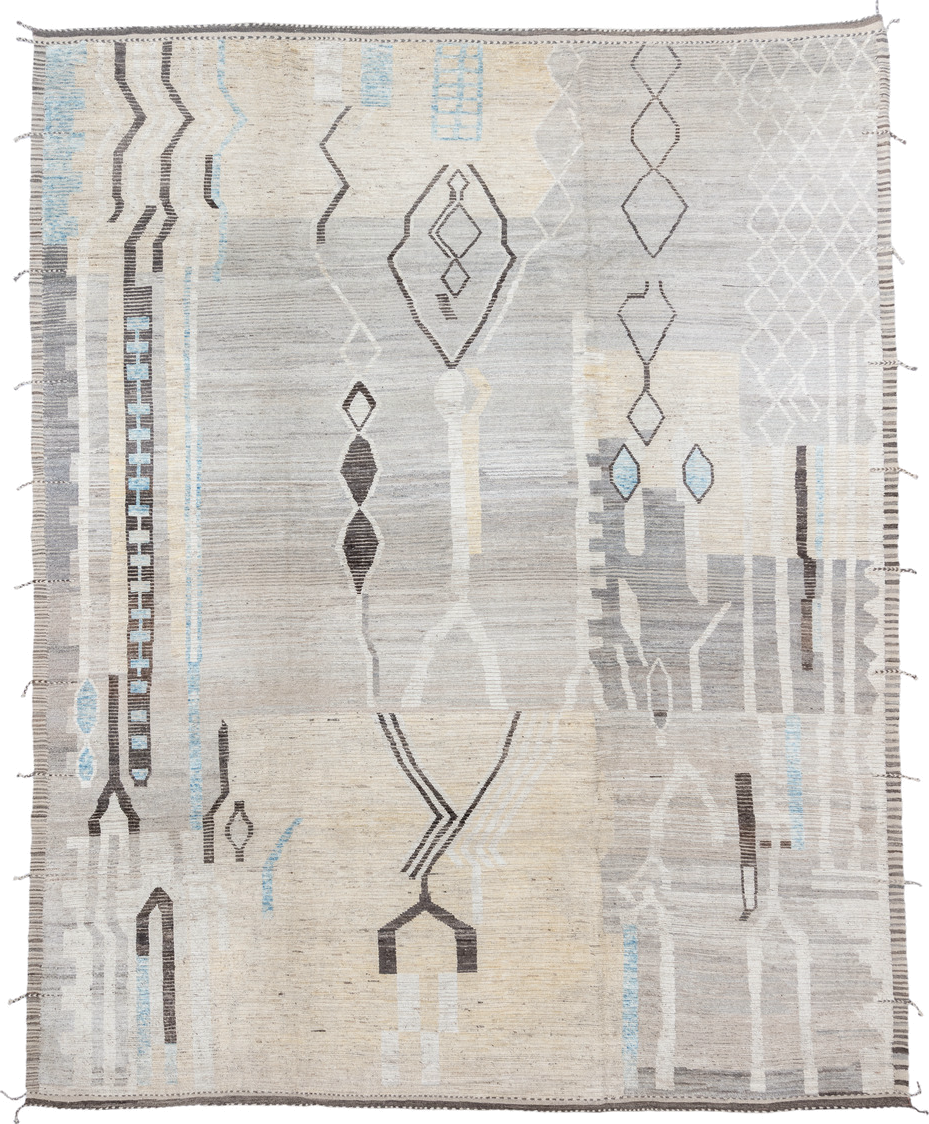 12' x 15' one-of-a-kind handmade vintage Tulu oversize rug. Color palette: dark gray, dim gray, gainsboro, gray, light blue