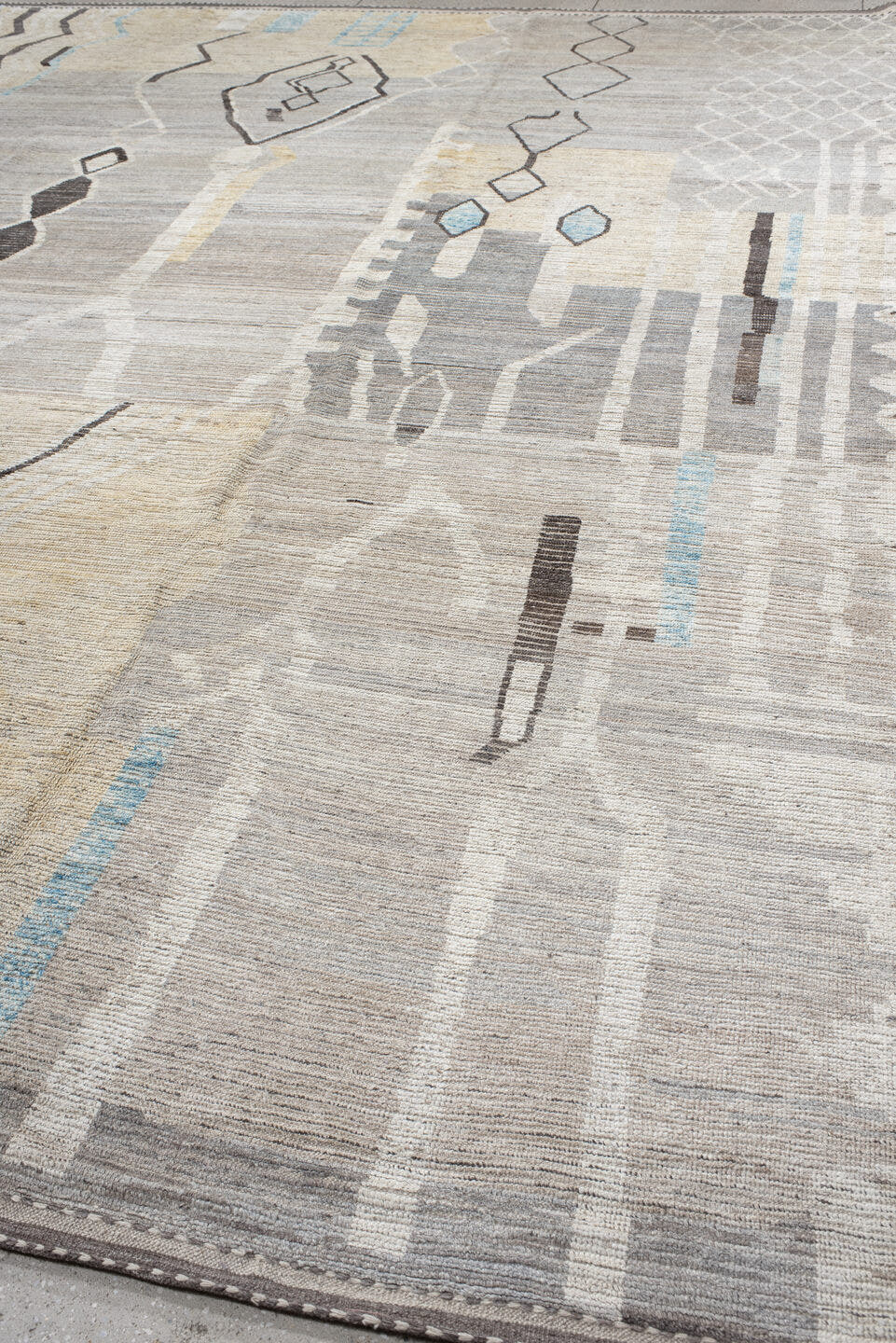 12' x 15' one-of-a-kind handmade vintage Tulu oversize rug. Color palette: ivory, gray, charcoal, sky_blue, cream, taupe