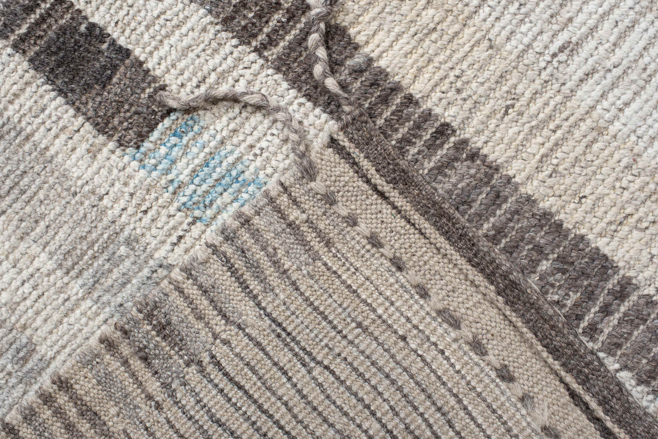 12' x 15' one-of-a-kind handmade vintage Tulu oversize rug. Color palette: ivory, gray, charcoal, sky_blue, cream, taupe