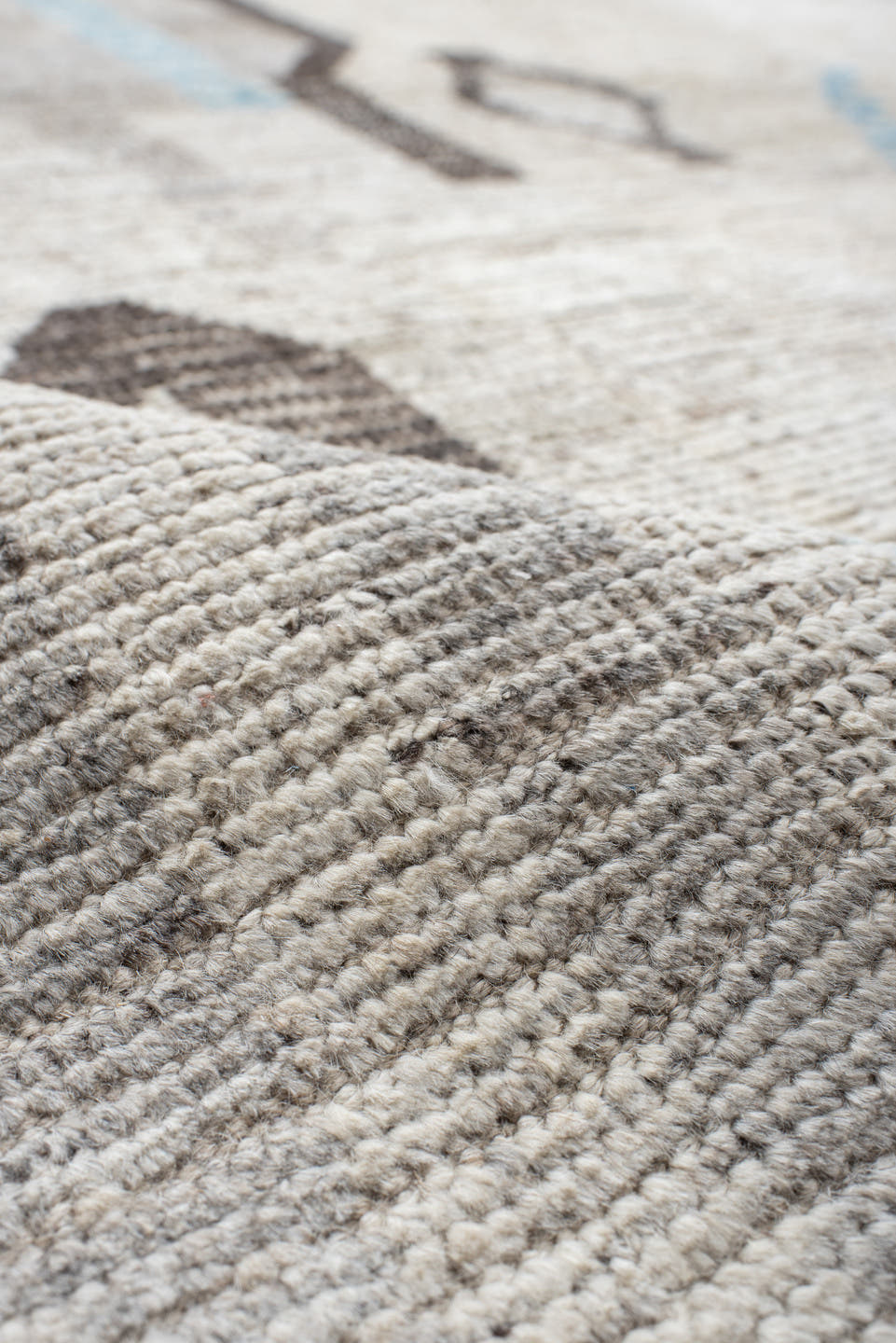 12' x 15' one-of-a-kind handmade vintage Tulu oversize rug. Color palette: ivory, gray, charcoal, sky_blue, cream, taupe