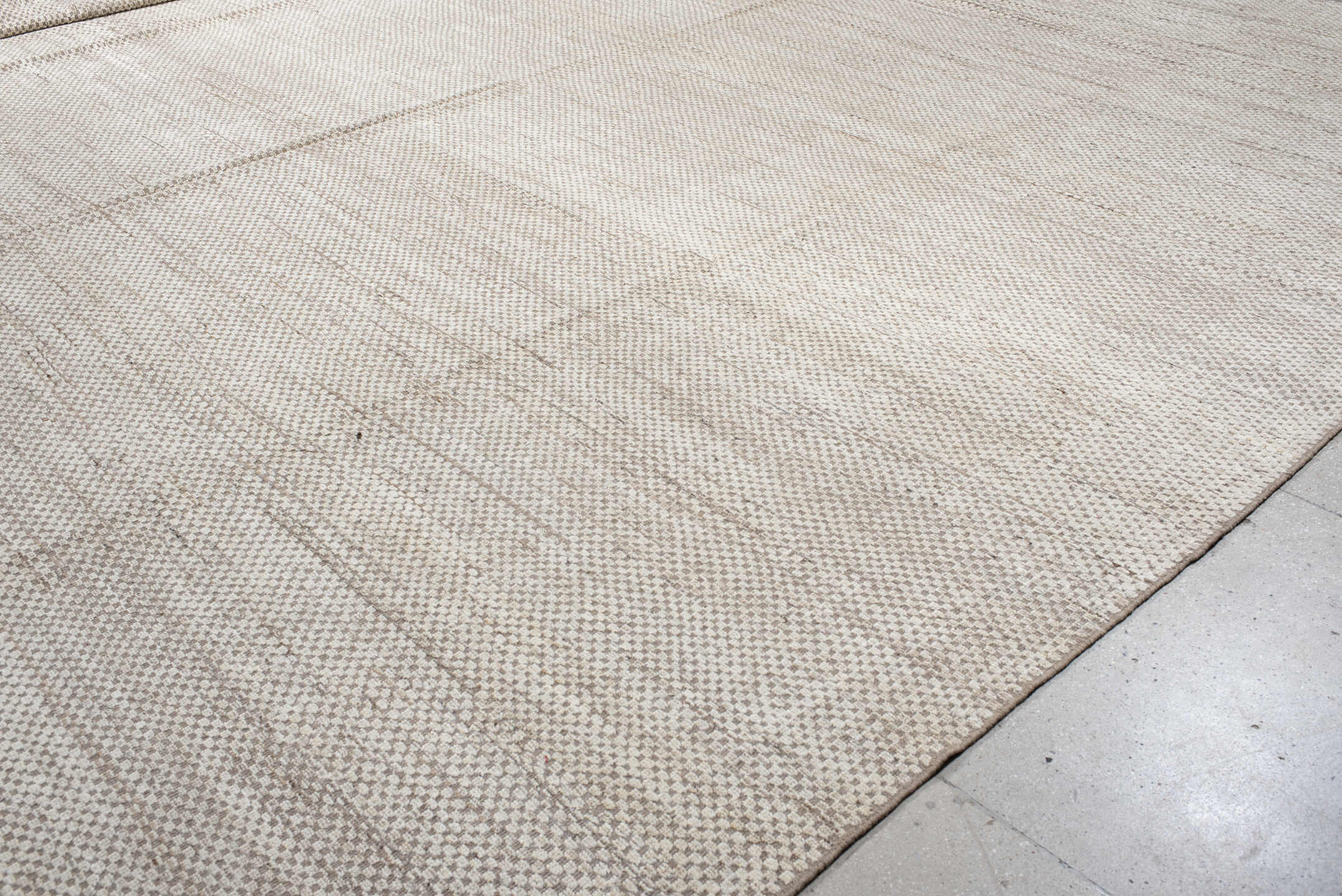 18' x 26' one-of-a-kind handmade vintage Tulu oversize rug. Color palette: gray, light gray, linen, off-white, pink