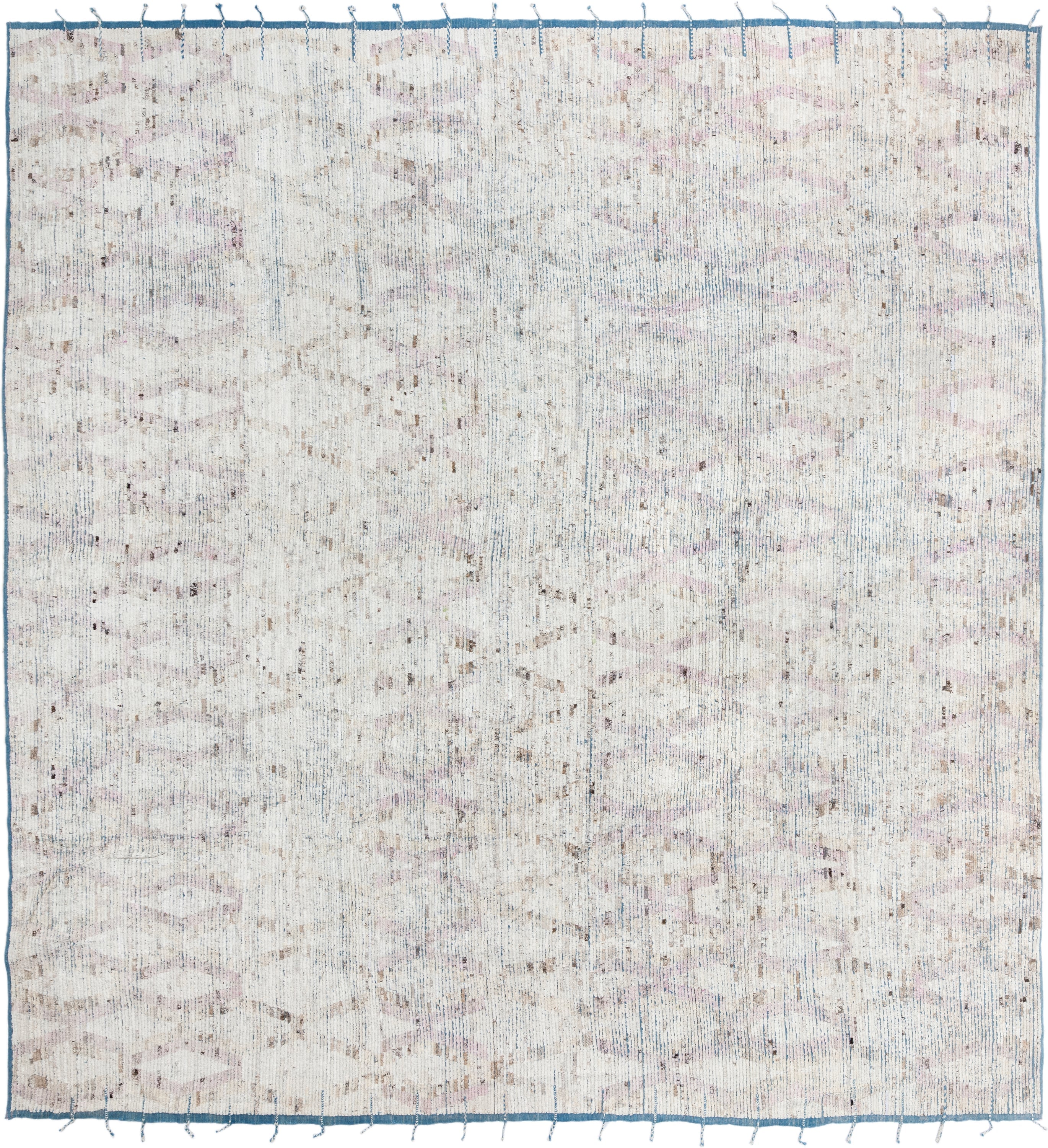 14' x 15' one-of-a-kind handmade vintage Tulu oversize rug. Color palette: ivory, pale blue, blush, taupe, beige, brown