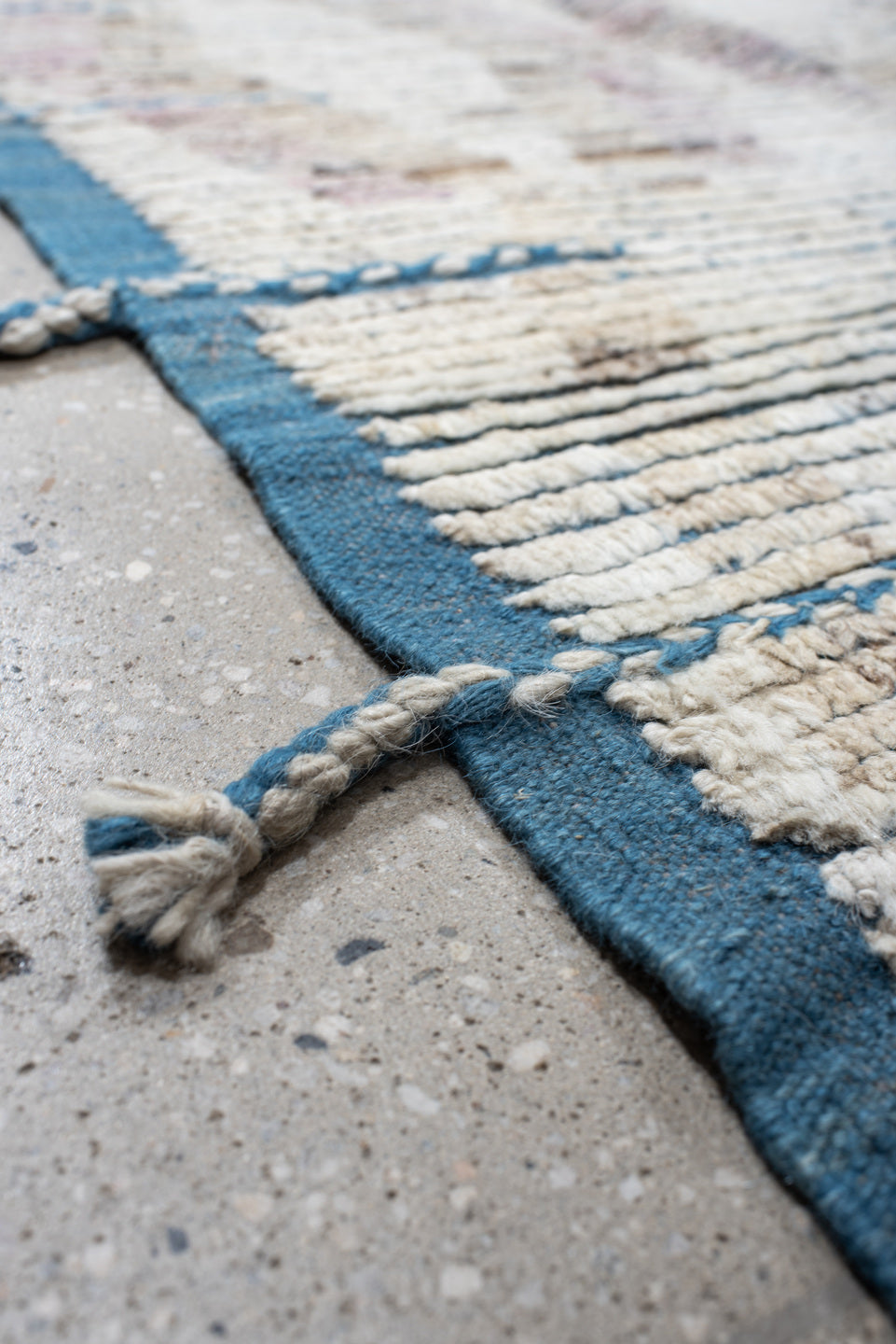 14' x 15' one-of-a-kind handmade vintage Tulu oversize rug. Color palette: ivory, pale blue, blush, taupe, beige, brown