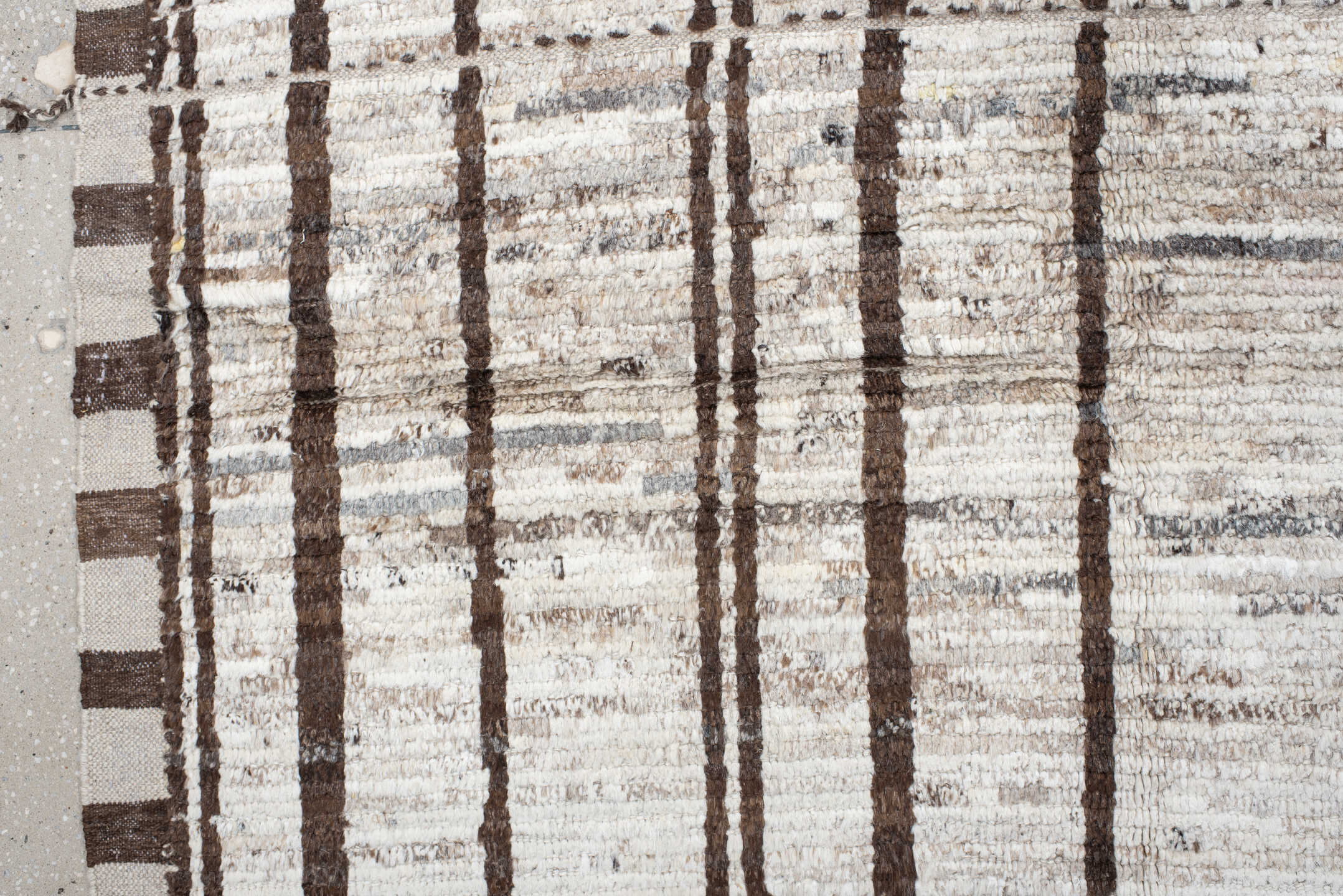 8' x 12' one-of-a-kind handmade vintage Tulu large size rug. Color palette: ivory, brown, taupe, gray, beige