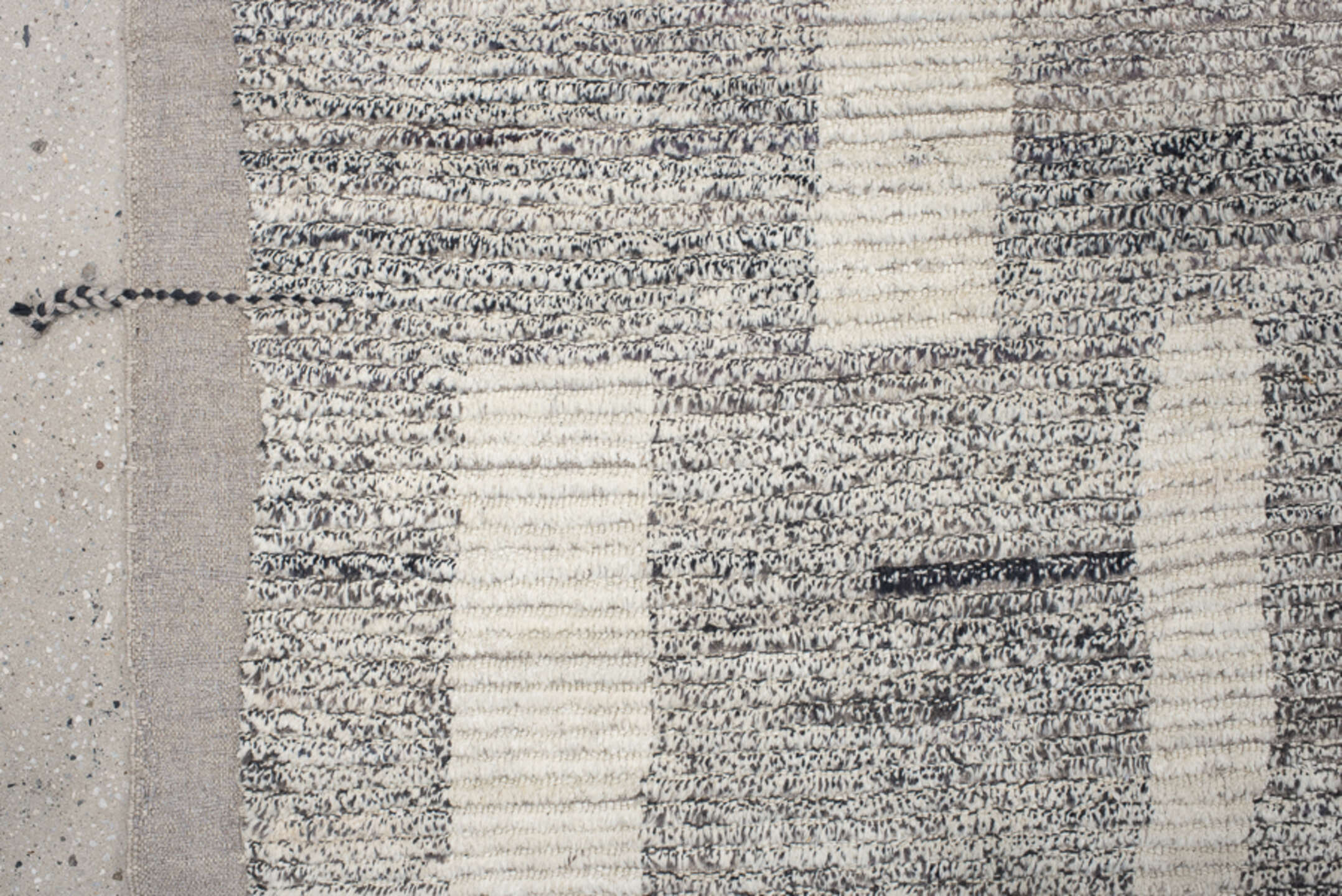 12' x 17' one-of-a-kind handmade vintage Tulu oversize rug. Color palette: gray, ivory, charcoal, taupe, black, beige