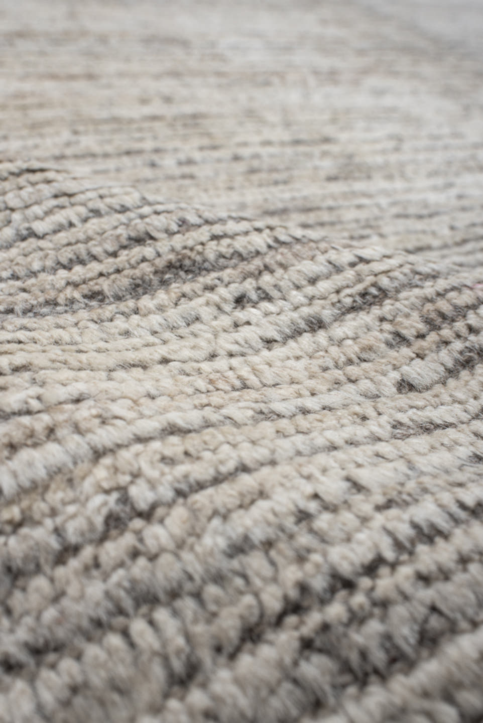 12' x 14' one-of-a-kind handmade vintage Tulu oversize rug. Color palette: ivory, taupe, gray, cream, beige