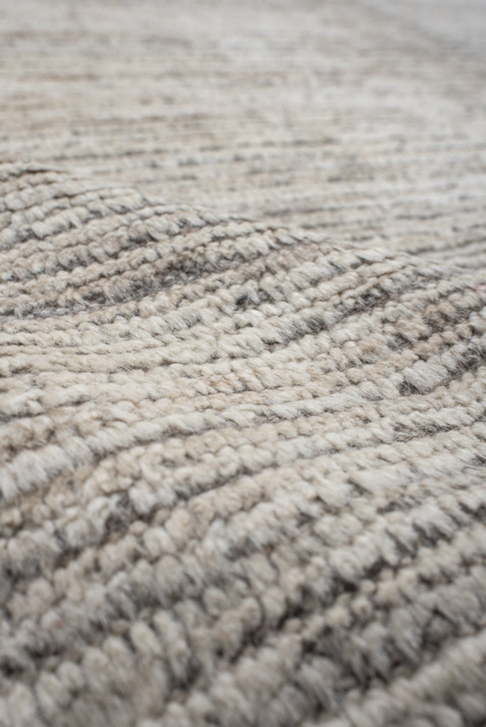 12' x 14' one-of-a-kind handmade vintage Tulu oversize rug. Color palette: ivory, taupe, gray, cream, beige
