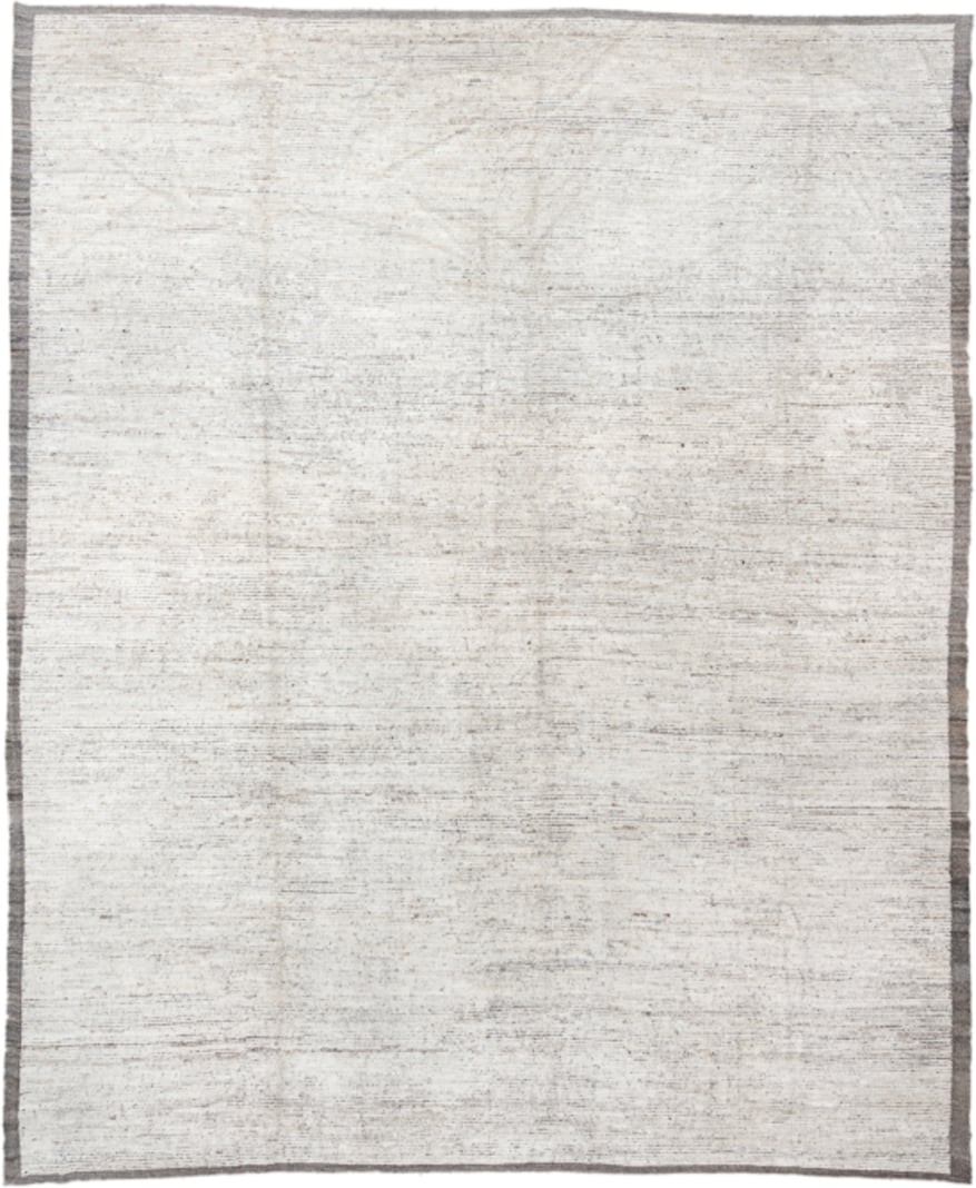 14' x 12' one-of-a-kind handmade vintage Tulu oversize rug. Color palette: ivory, taupe, gray, greige, beige