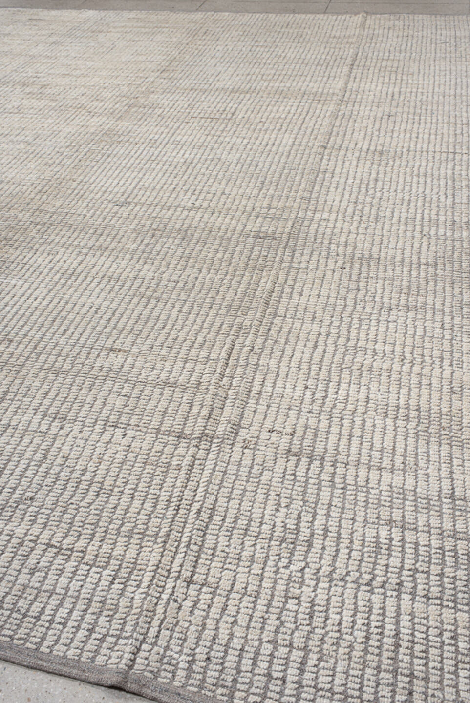 12' x 14' one-of-a-kind handmade vintage Tulu oversize rug. Color palette: ivory, taupe, gray, cream, beige