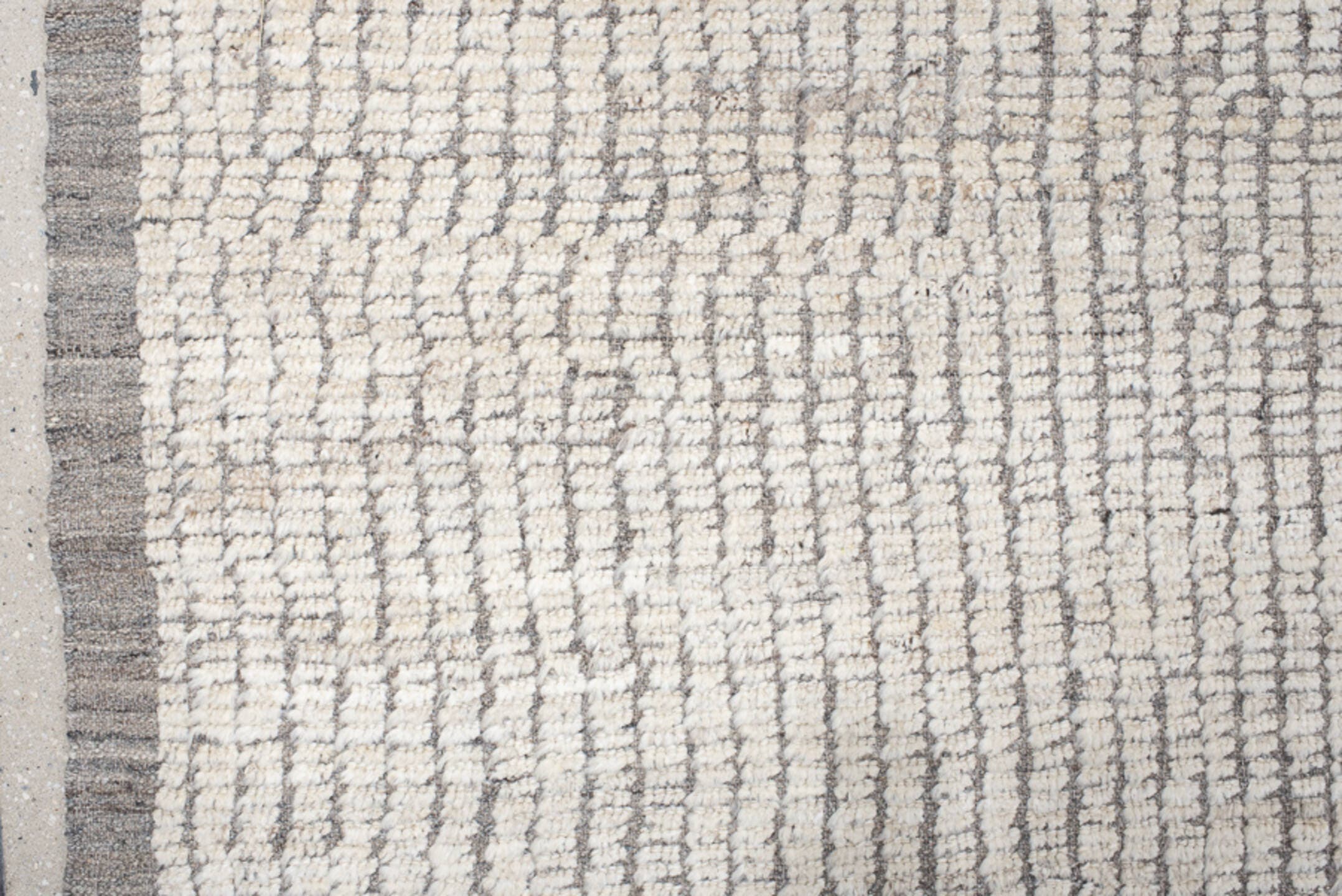 12' x 14' one-of-a-kind handmade vintage Tulu oversize rug. Color palette: ivory, taupe, gray, cream, beige