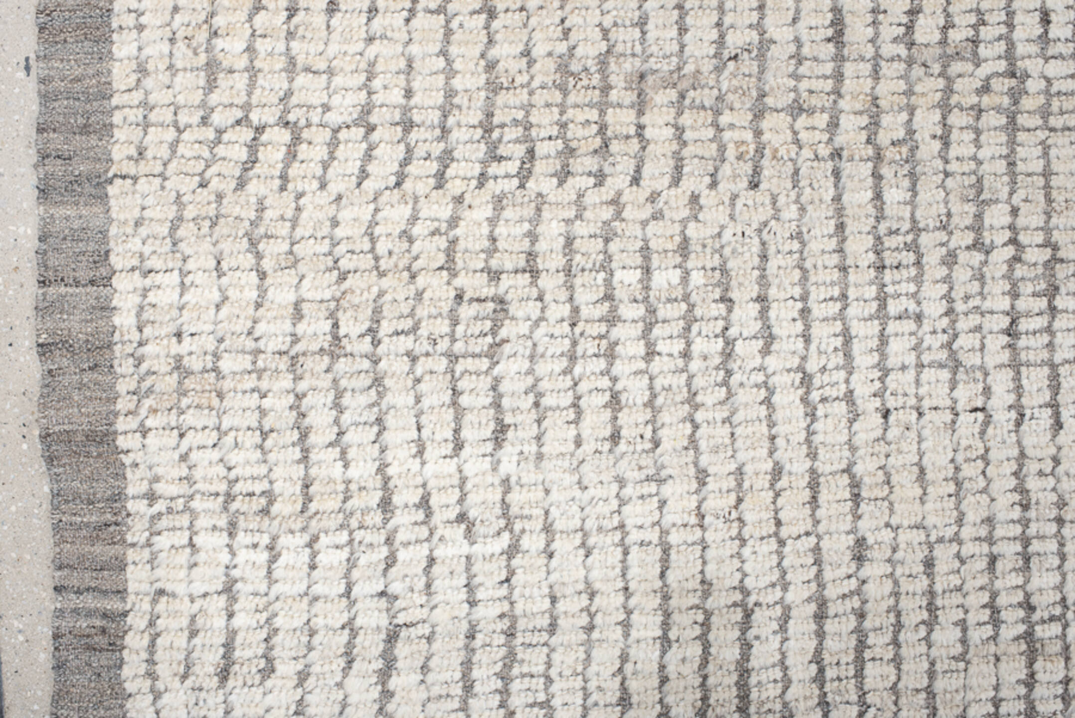 12' x 14' one-of-a-kind handmade vintage Tulu oversize rug. Color palette: ivory, taupe, gray, cream, beige