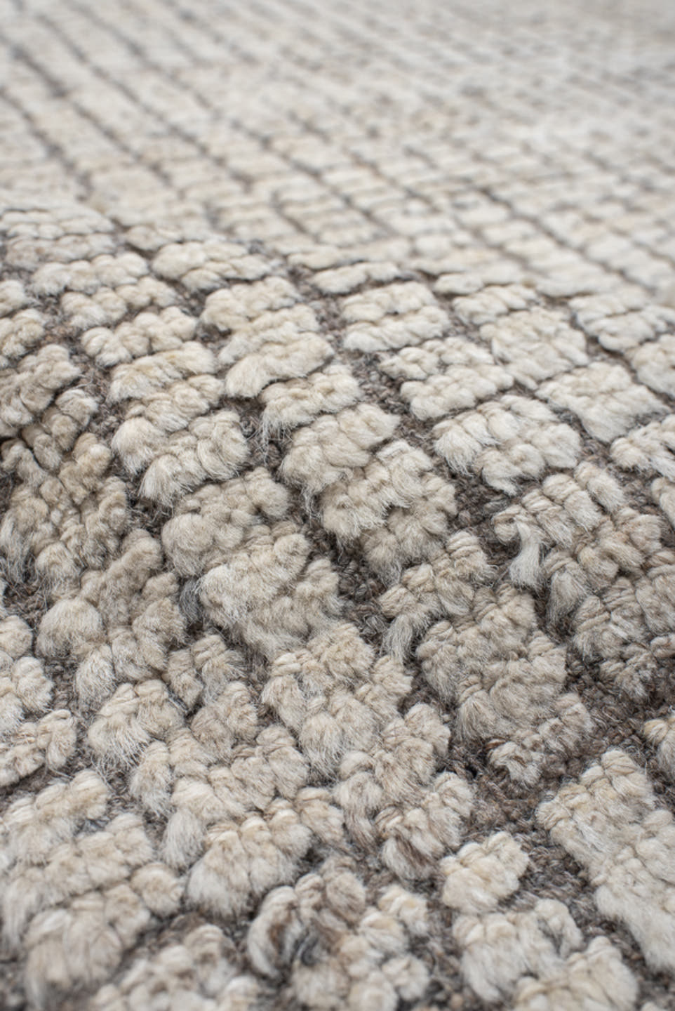 12' x 14' one-of-a-kind handmade vintage Tulu oversize rug. Color palette: ivory, taupe, gray, cream, beige
