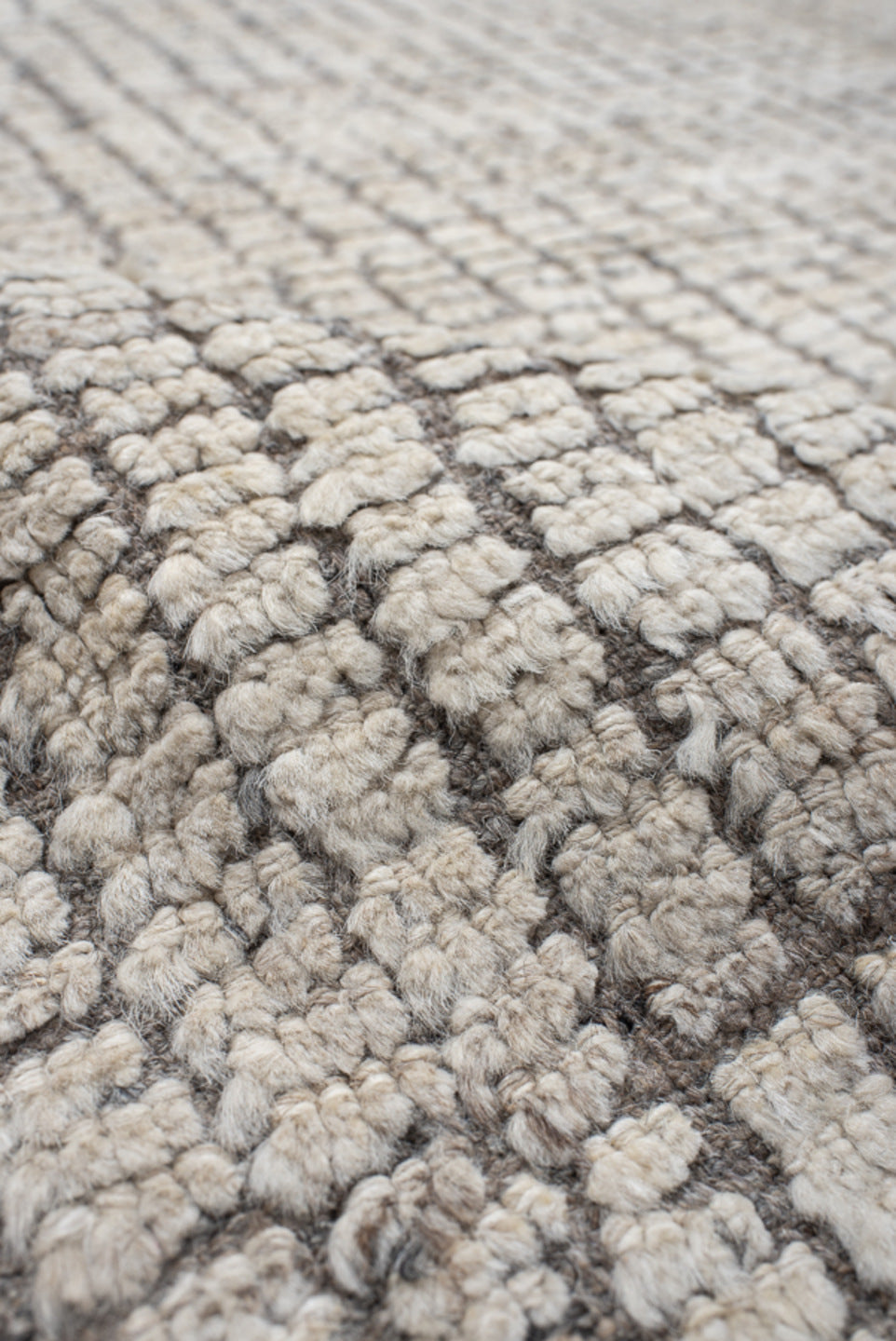 12' x 14' one-of-a-kind handmade vintage Tulu oversize rug. Color palette: ivory, taupe, gray, cream, beige