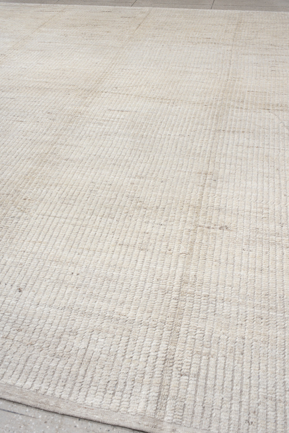 12' x 14' one-of-a-kind handmade vintage Tulu oversize rug. Color palette: ivory, cream, beige, taupe, camel, gray