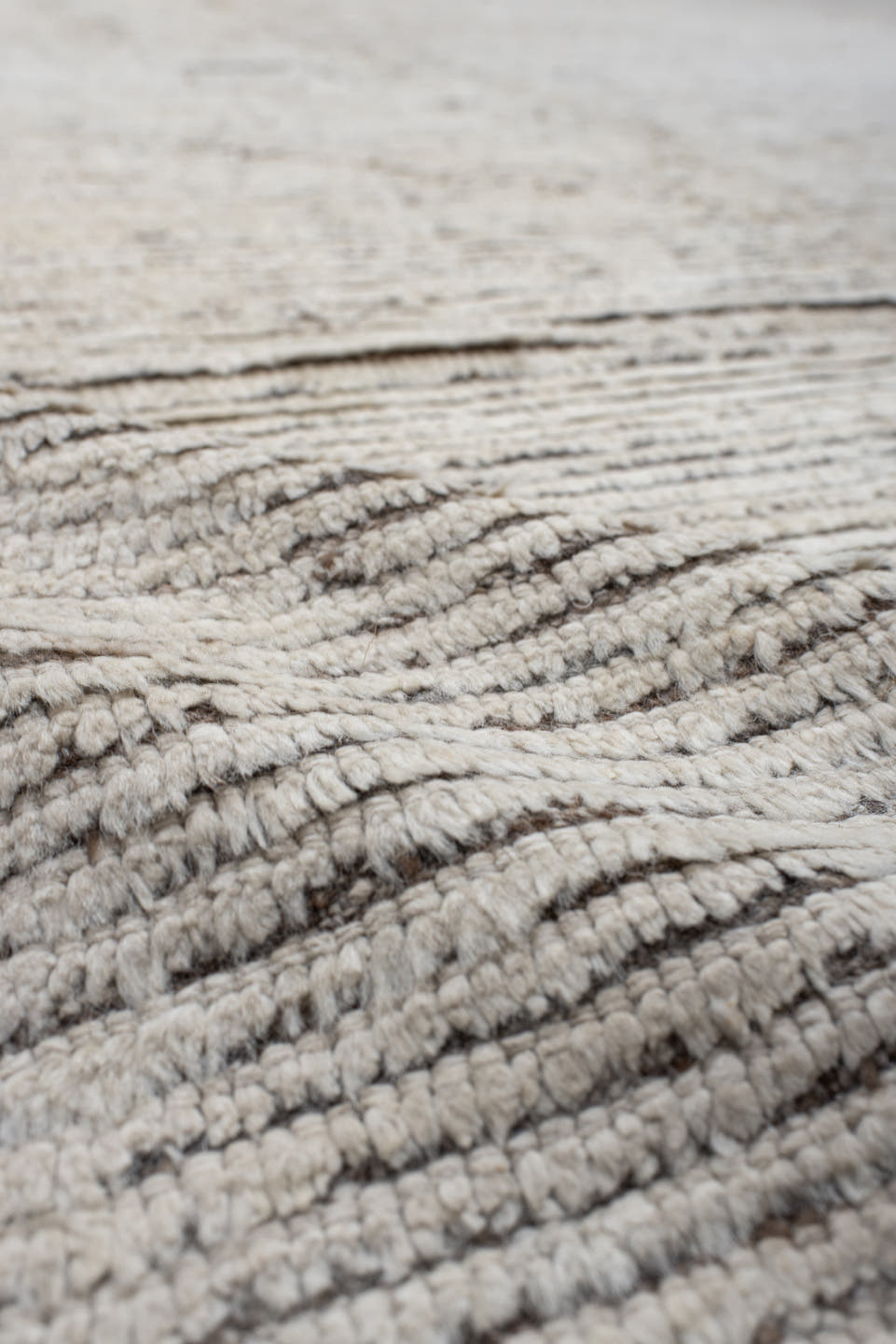 12' x 14' one-of-a-kind handmade vintage Tulu oversize rug. Color palette: ivory, taupe, brown, charcoal, beige, gray, black