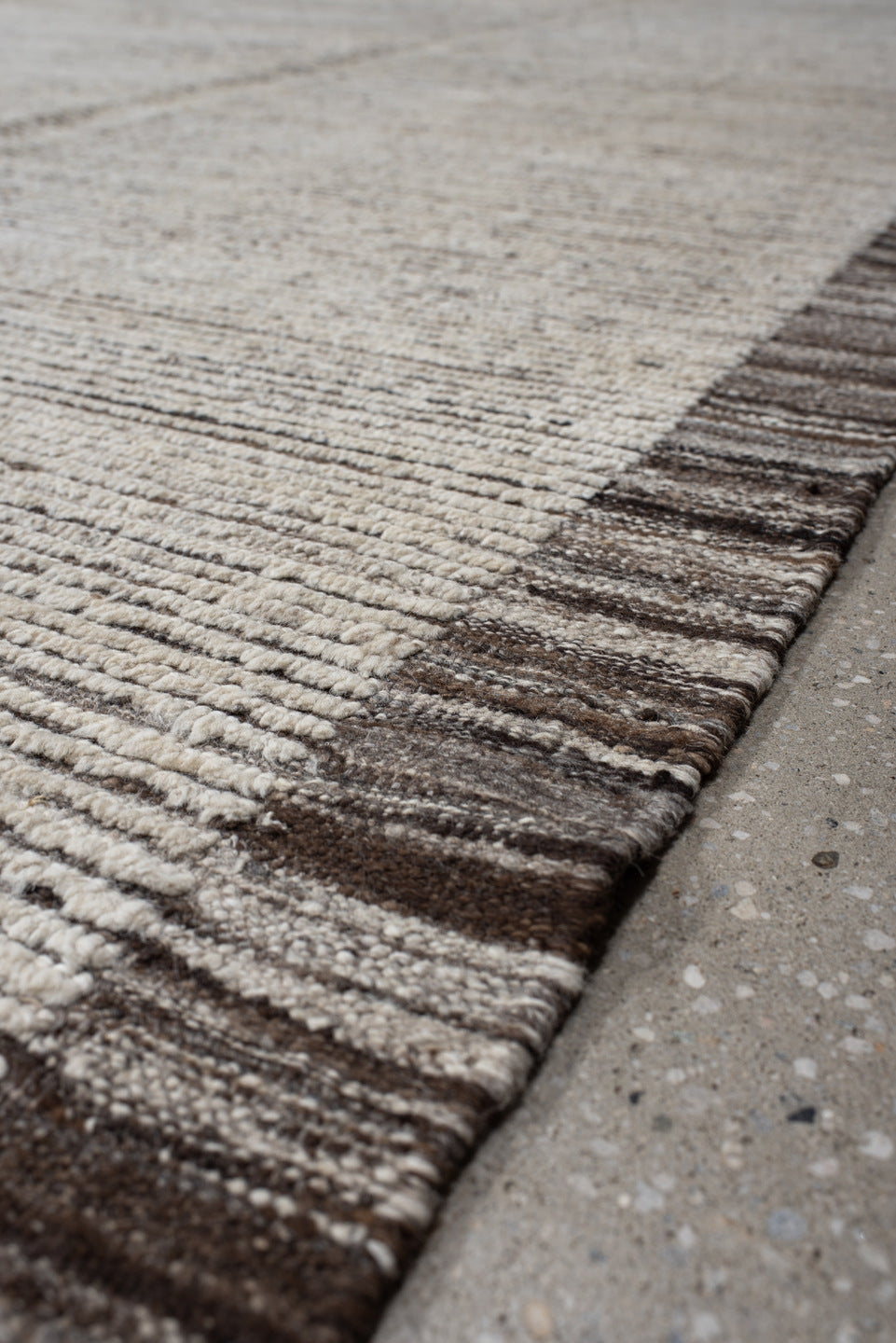 12' x 14' one-of-a-kind handmade vintage Tulu oversize rug. Color palette: ivory, taupe, brown, charcoal, beige, gray, black