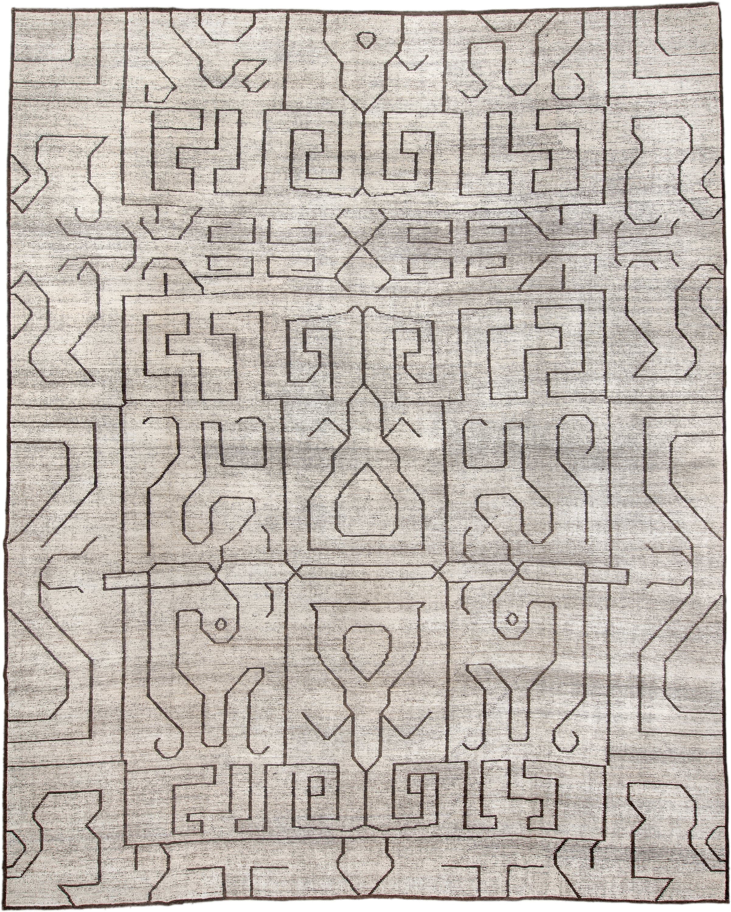 11' x 14' one-of-a-kind handmade vintage Tulu oversize rug. Color palette: ivory, brown, taupe, charcoal, beige, gray, black
