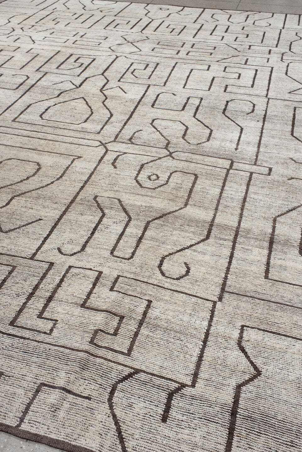 11' x 14' one-of-a-kind handmade vintage Tulu oversize rug. Color palette: ivory, brown, taupe, charcoal, beige, gray, black