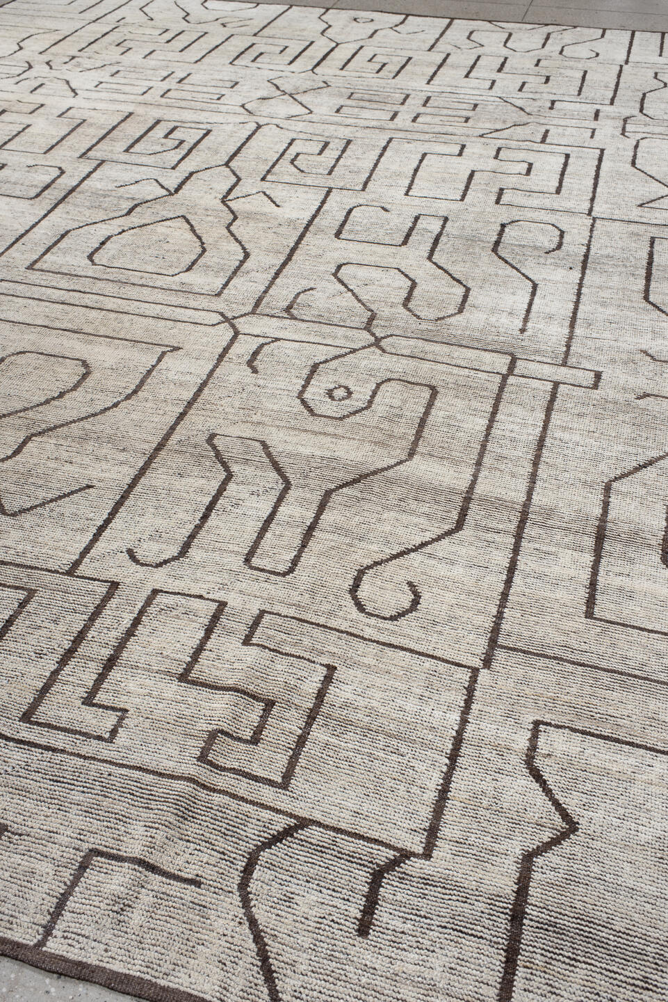 11' x 14' one-of-a-kind handmade vintage Tulu oversize rug. Color palette: ivory, brown, taupe, charcoal, beige, gray, black