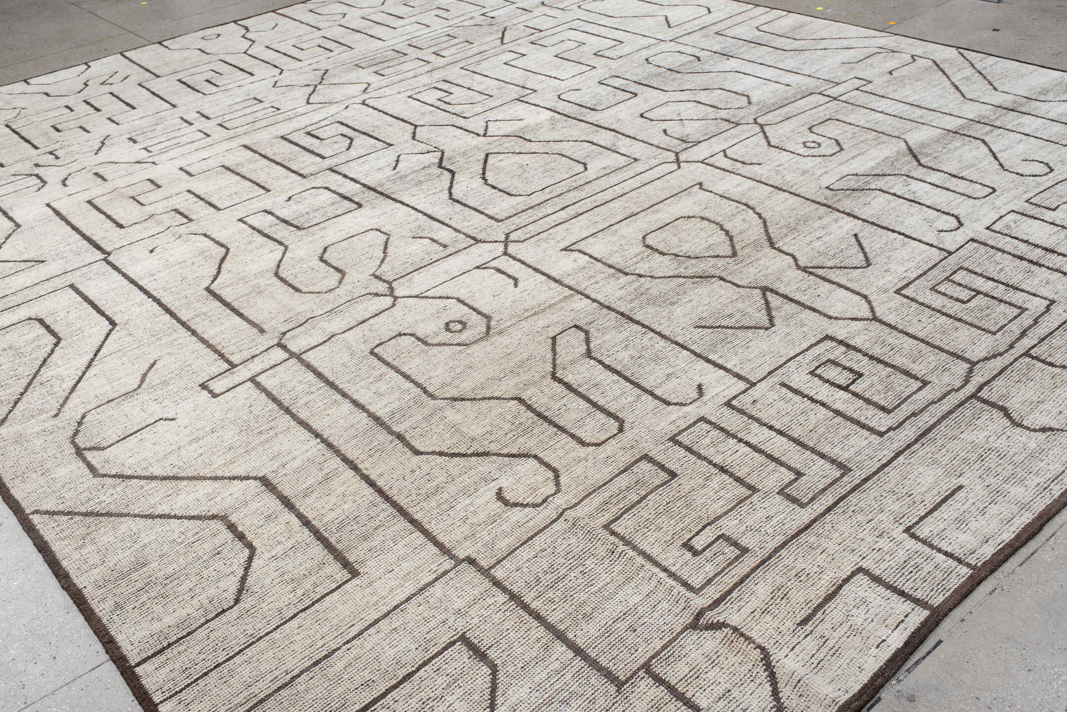 11' x 14' one-of-a-kind handmade vintage Tulu oversize rug. Color palette: dark gray, gainsboro, gray, light gray, linen