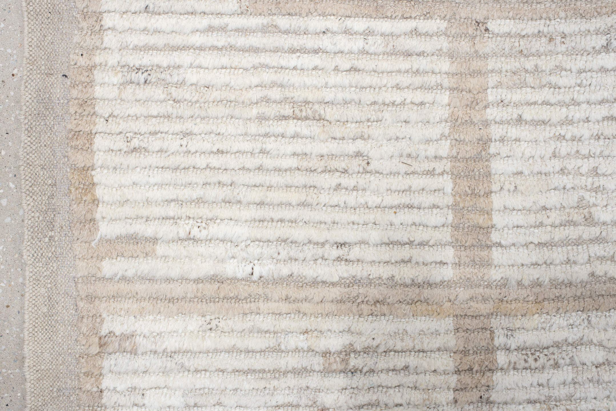 12' x 15' one-of-a-kind handmade vintage Tulu oversize rug. Color palette: ivory, taupe, cream, beige, camel, gray