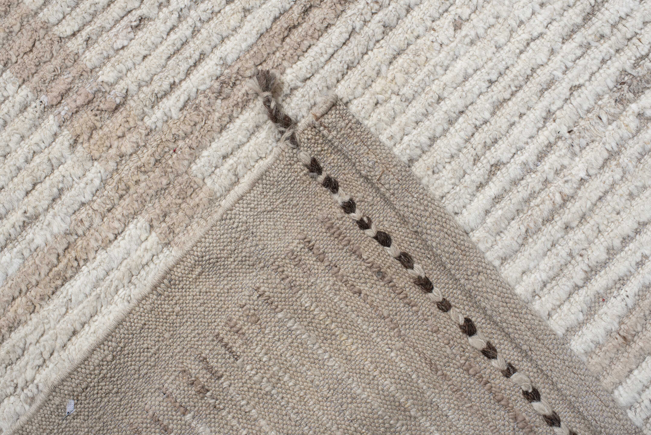 12' x 15' one-of-a-kind handmade vintage Tulu oversize rug. Color palette: ivory, taupe, cream, beige, camel, gray