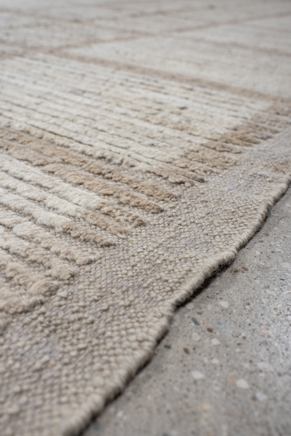 12' x 15' one-of-a-kind handmade vintage Tulu oversize rug. Color palette: ivory, taupe, cream, beige, camel, gray