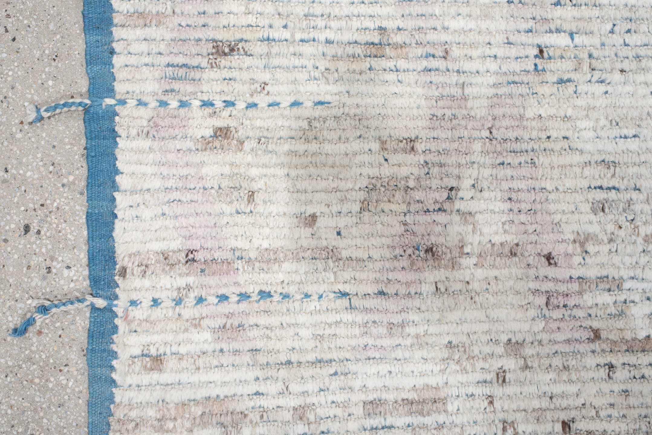 13' x 14' one-of-a-kind handmade vintage Tulu oversize rug. Color palette: ivory, slate, taupe, pale lavender, charcoal
