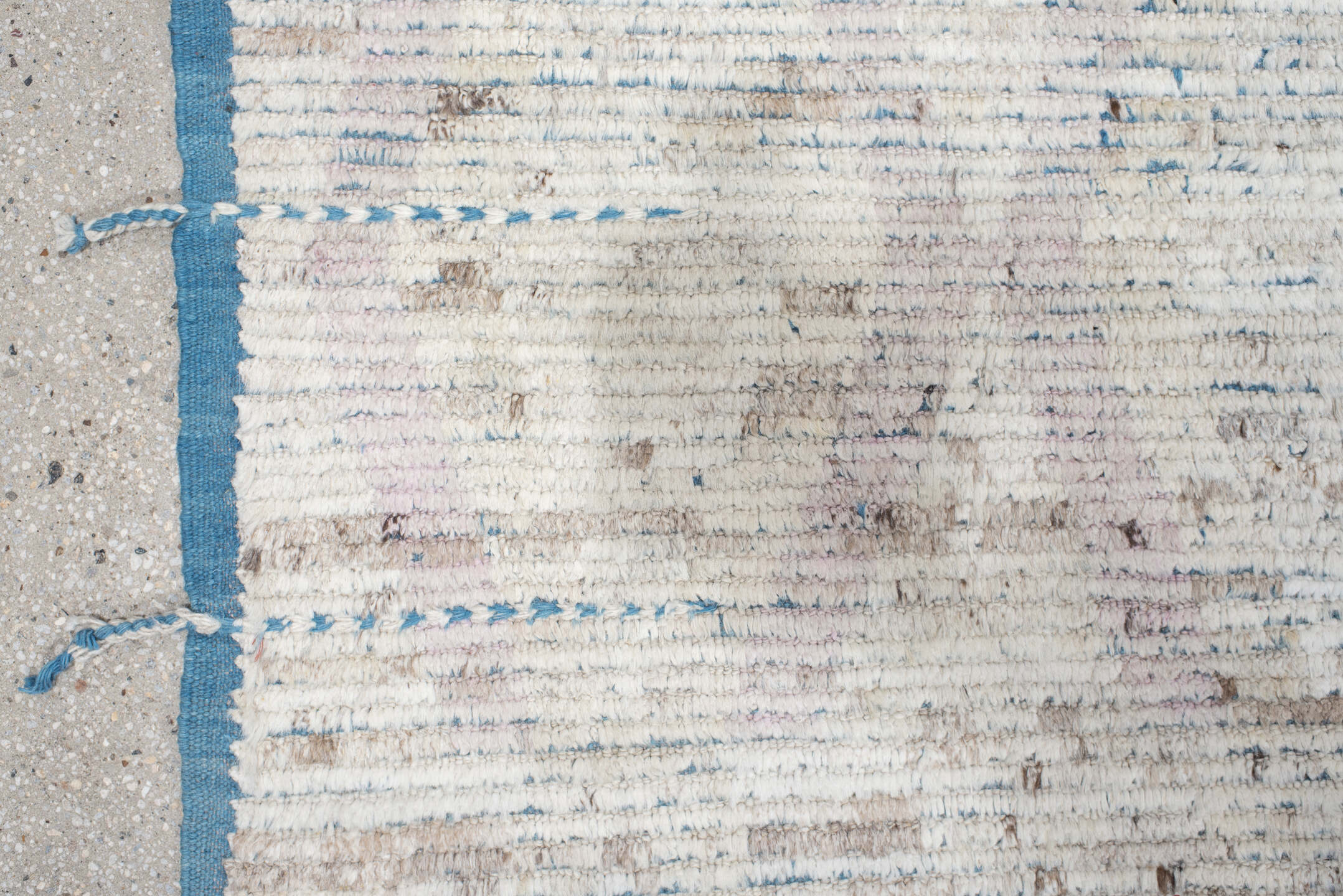 13' x 14' one-of-a-kind handmade vintage Tulu oversize rug. Color palette: ivory, slate, taupe, pale lavender, charcoal