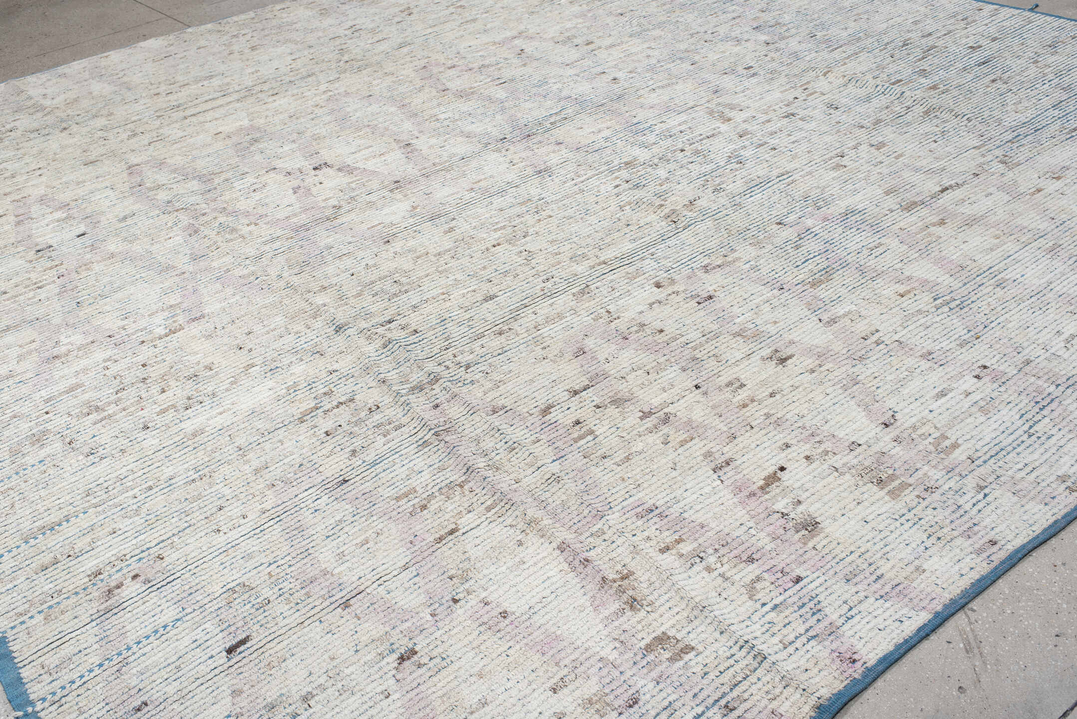 13' x 14' one-of-a-kind handmade vintage Tulu oversize rug. Color palette: ivory, slate, taupe, pale lavender, charcoal