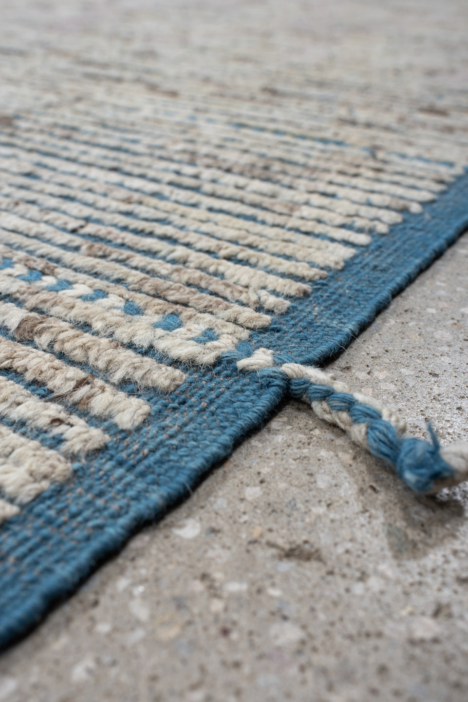 13' x 14' one-of-a-kind handmade vintage Tulu oversize rug. Color palette: ivory, slate, taupe, pale lavender, charcoal