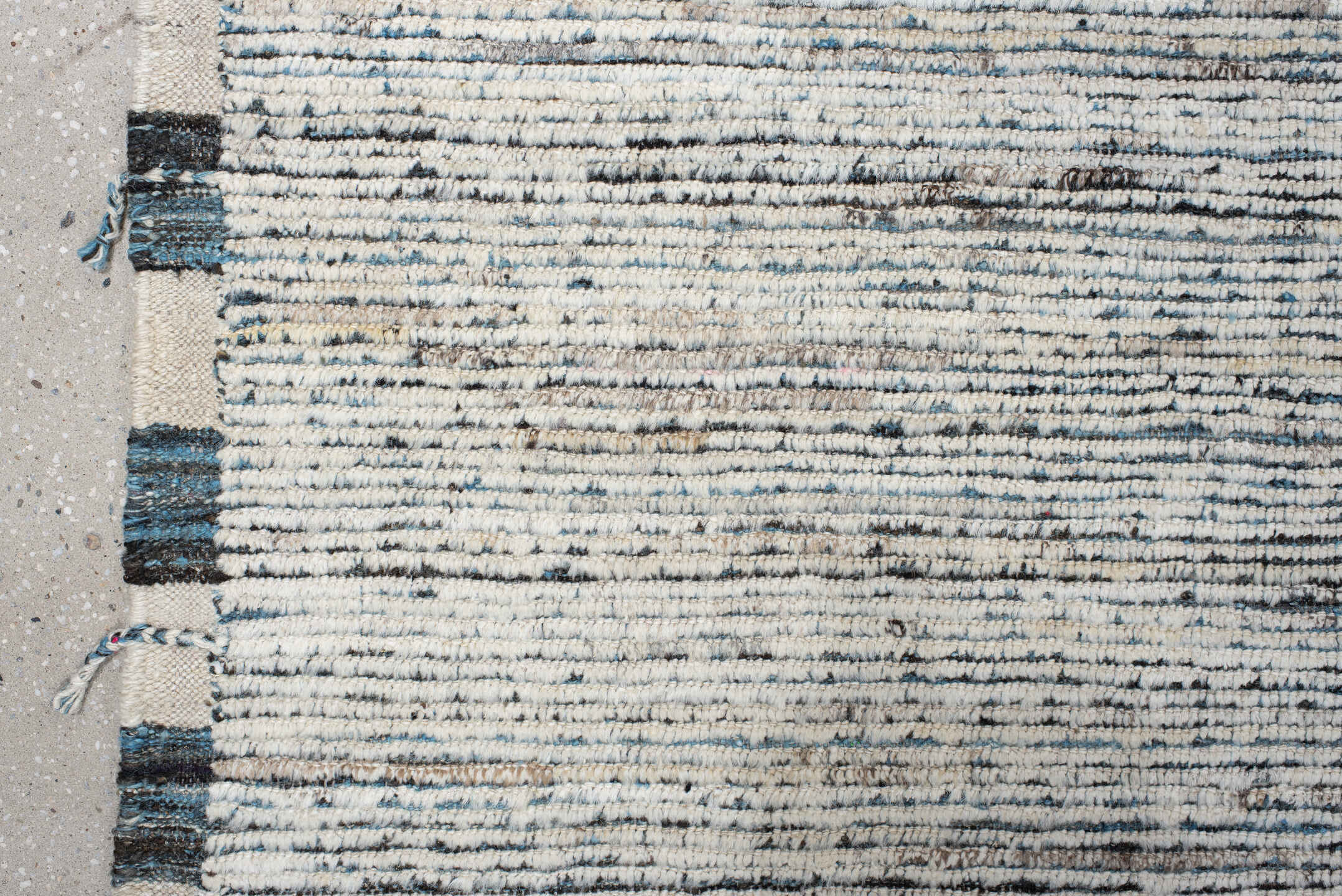 12' x 14' one-of-a-kind handmade vintage Tulu oversize rug. Color palette: ivory, slate, charcoal, taupe, gray, black, beige