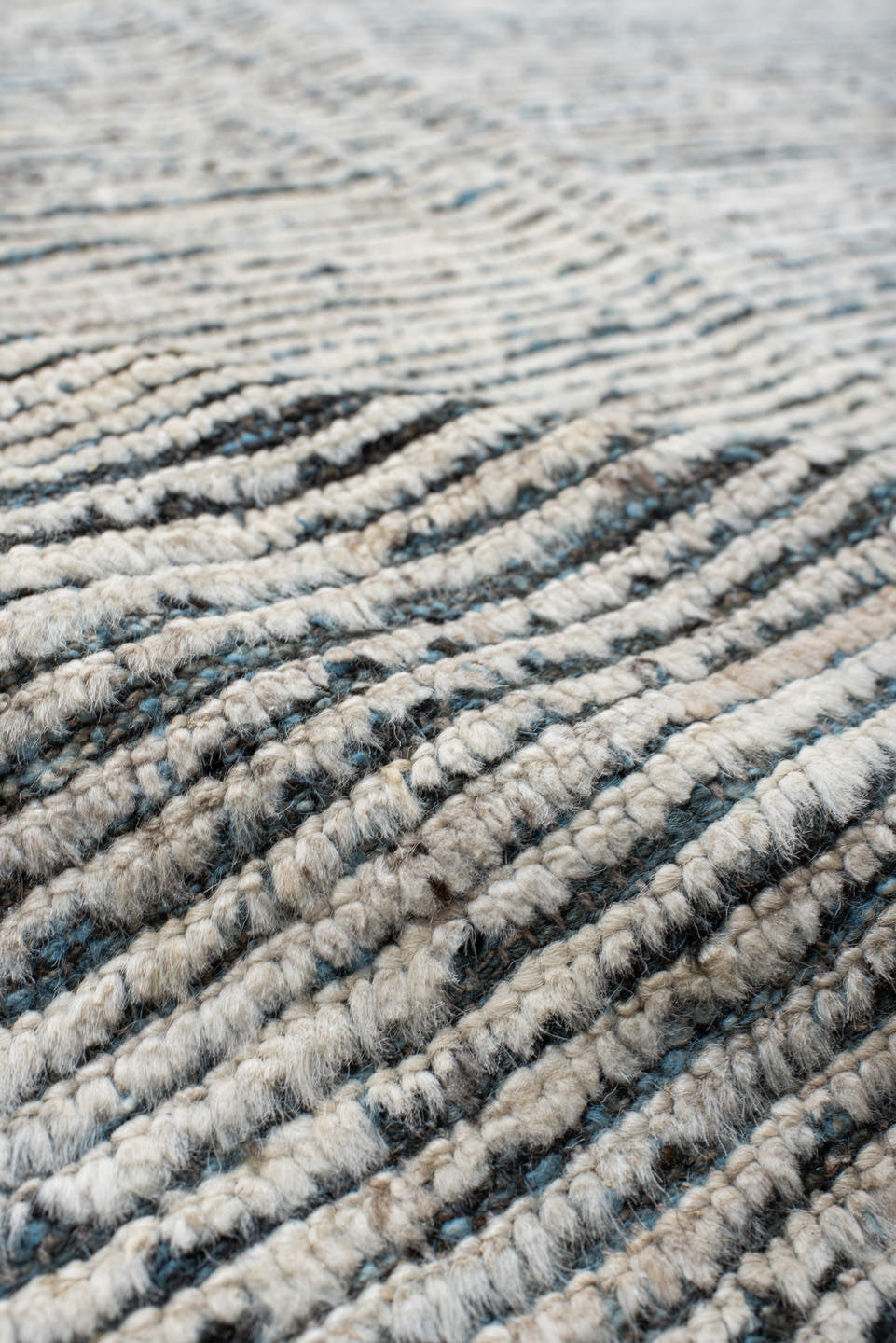 12' x 14' one-of-a-kind handmade vintage Tulu oversize rug. Color palette: ivory, slate, charcoal, taupe, gray, black, beige