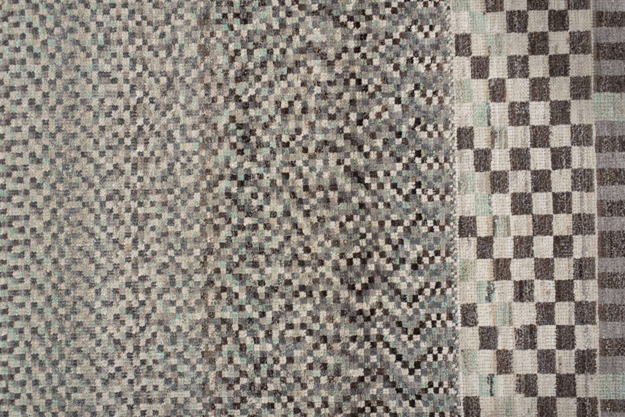 2' x 9' one-of-a-kind handmade vintage Tulu runner rug. Color palette: gray, light gray, linen, off-white