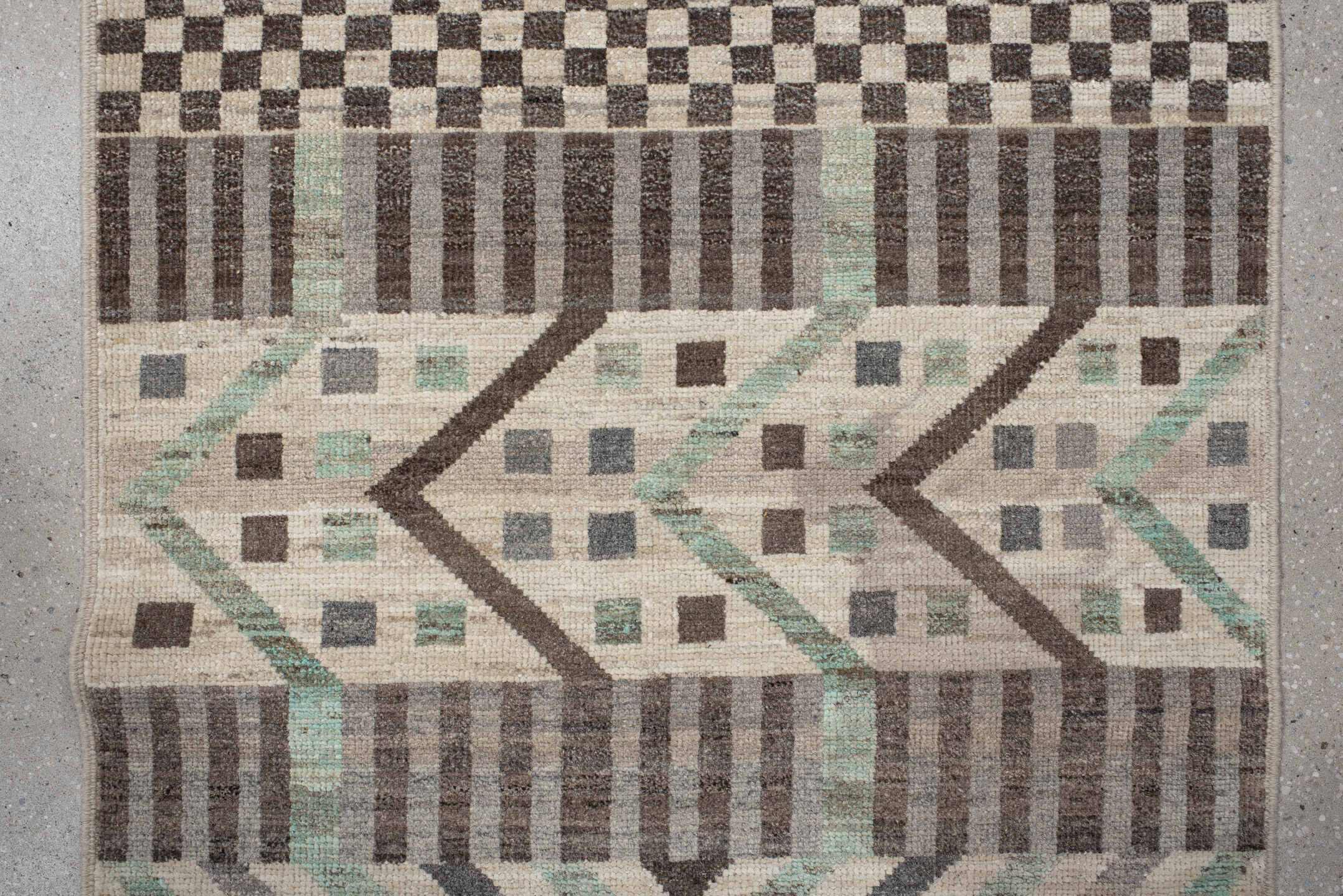 2' x 9' one-of-a-kind handmade vintage Tulu runner rug. Color palette: ivory, taupe, charcoal, sage, gray, cream, beige