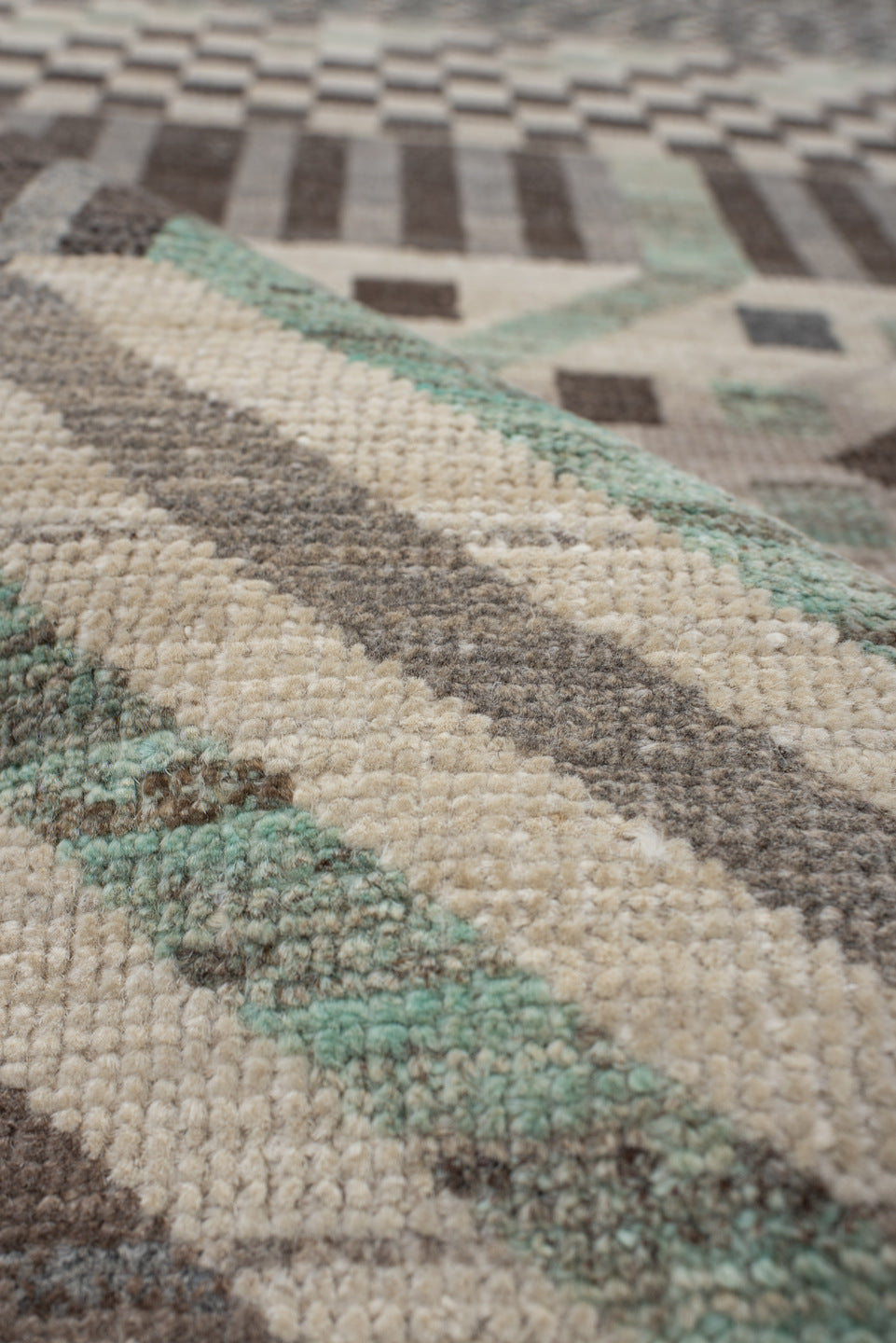 2' x 9' one-of-a-kind handmade vintage Tulu runner rug. Color palette: ivory, taupe, charcoal, sage, gray, cream, beige