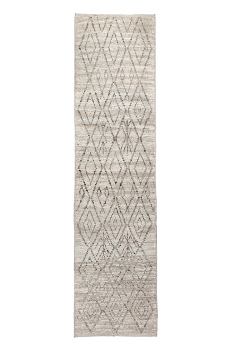 3' x 12' one-of-a-kind handmade vintage Tulu runner rug. Color palette: light gray, off-white, gray, pink, gainsboro, silver