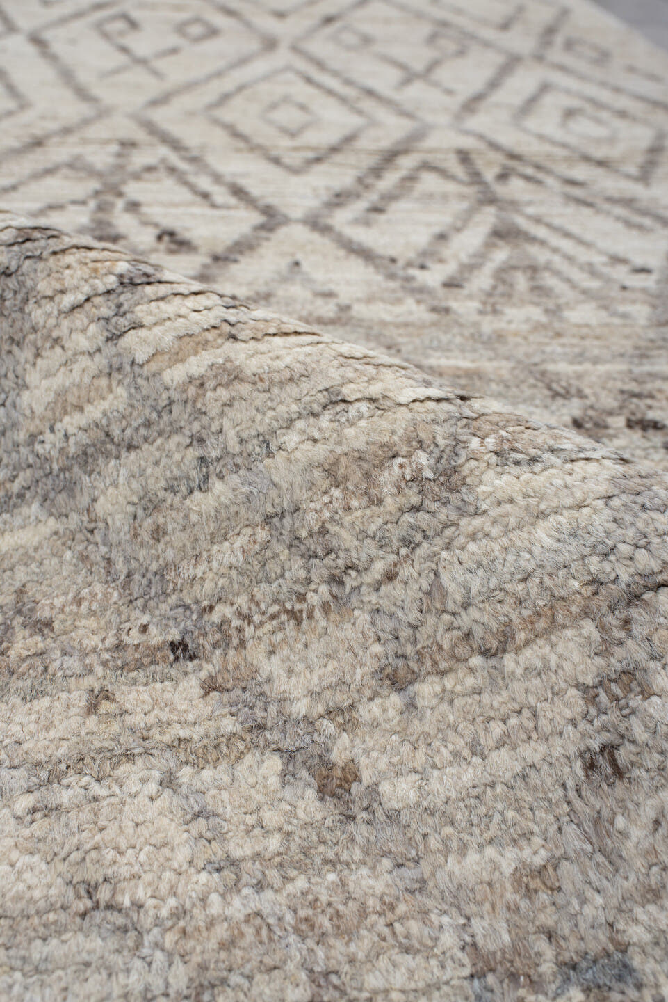 3' x 12' one-of-a-kind handmade vintage Tulu runner rug. Color palette: ivory, taupe, beige, greige, gray