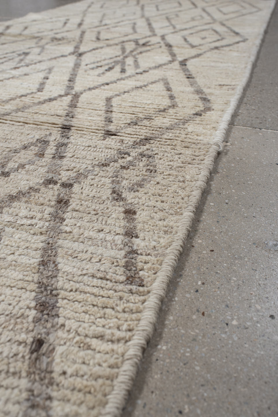 3' x 12' one-of-a-kind handmade vintage Tulu runner rug. Color palette: ivory, taupe, beige, greige, gray