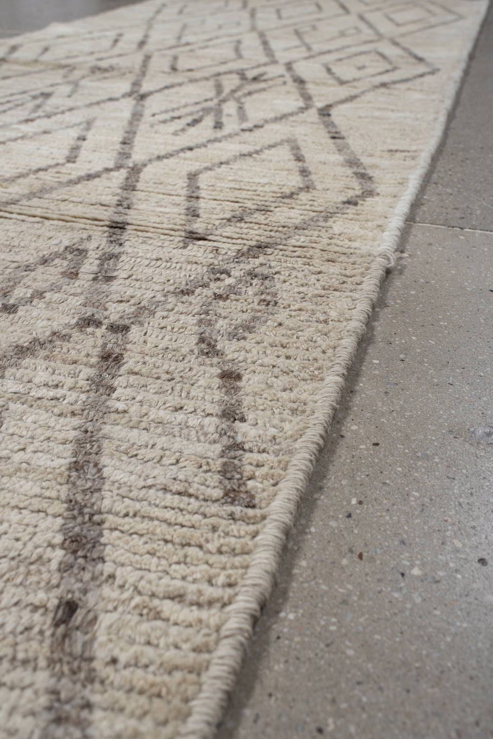 3' x 12' one-of-a-kind handmade vintage Tulu runner rug. Color palette: ivory, taupe, beige, greige, gray